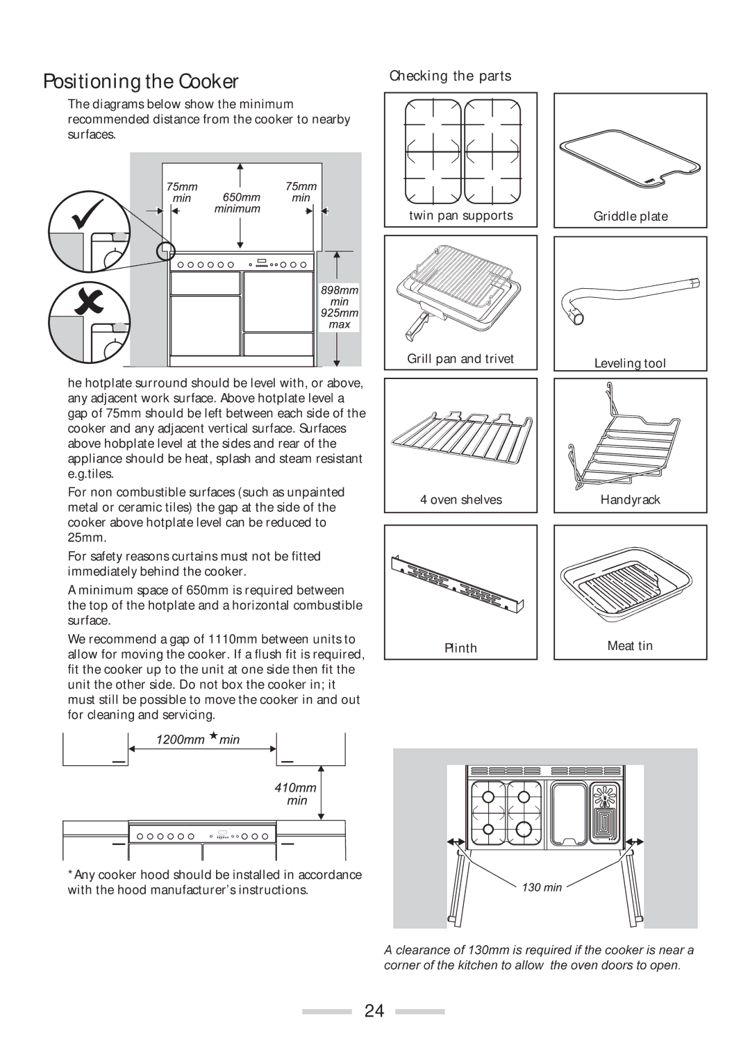 Rangemaster 110 installation instructions Positioning the Cooker, Checking the parts 