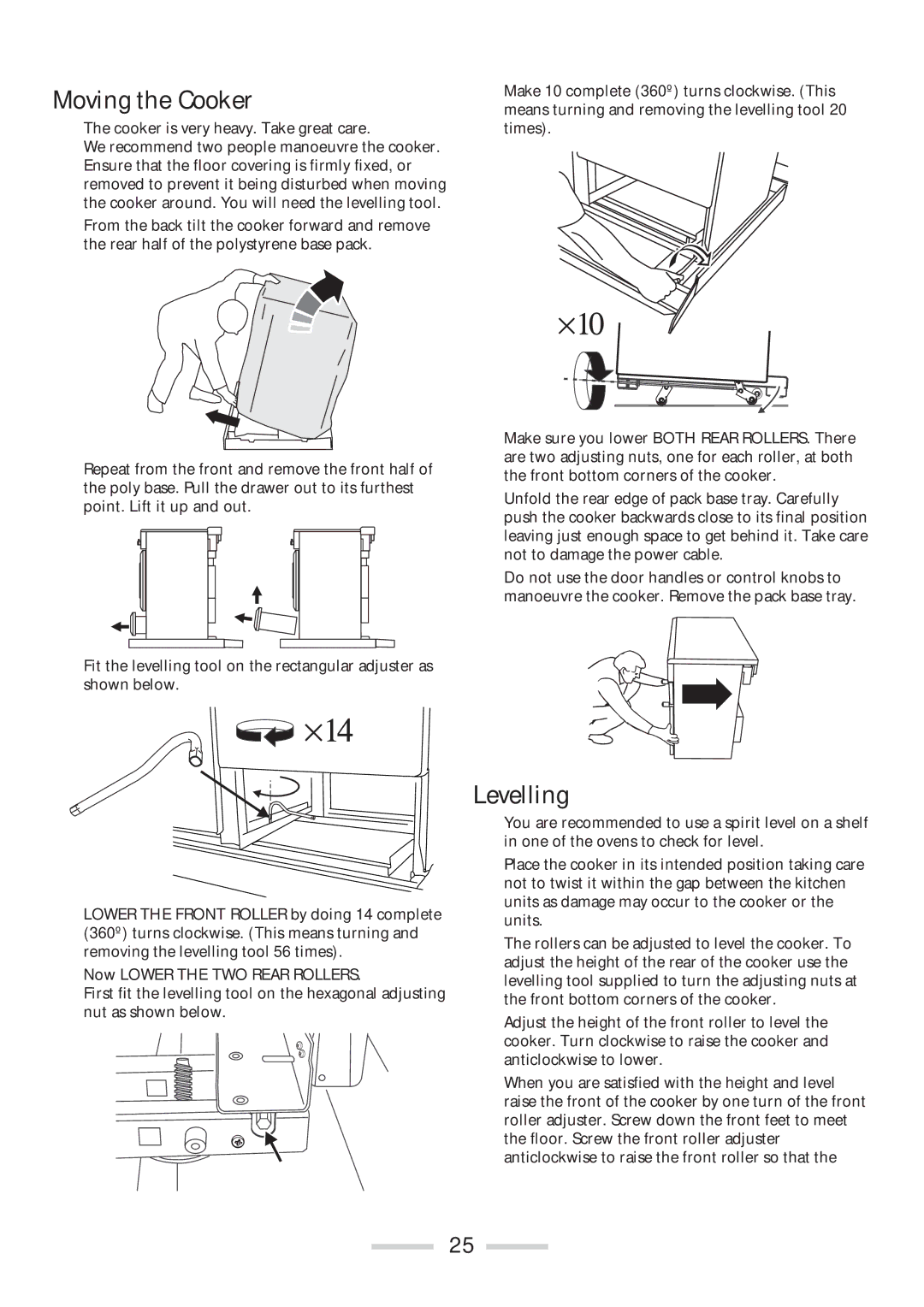 Rangemaster 110 installation instructions Moving the Cooker, Levelling 