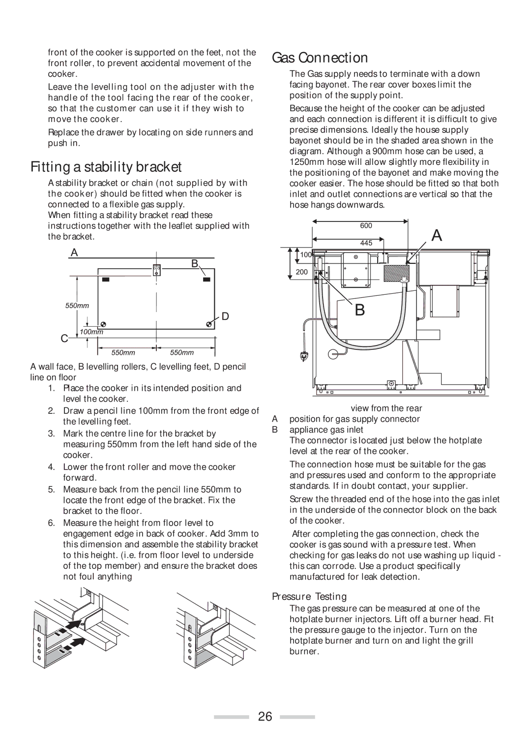 Rangemaster 110 installation instructions Fitting a stability bracket, Gas Connection, Pressure Testing 