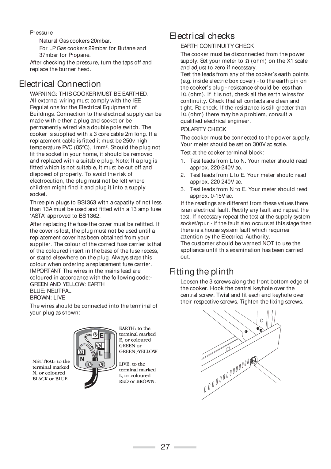 Rangemaster 110 installation instructions Electrical Connection, Electrical checks, Fitting the plinth 