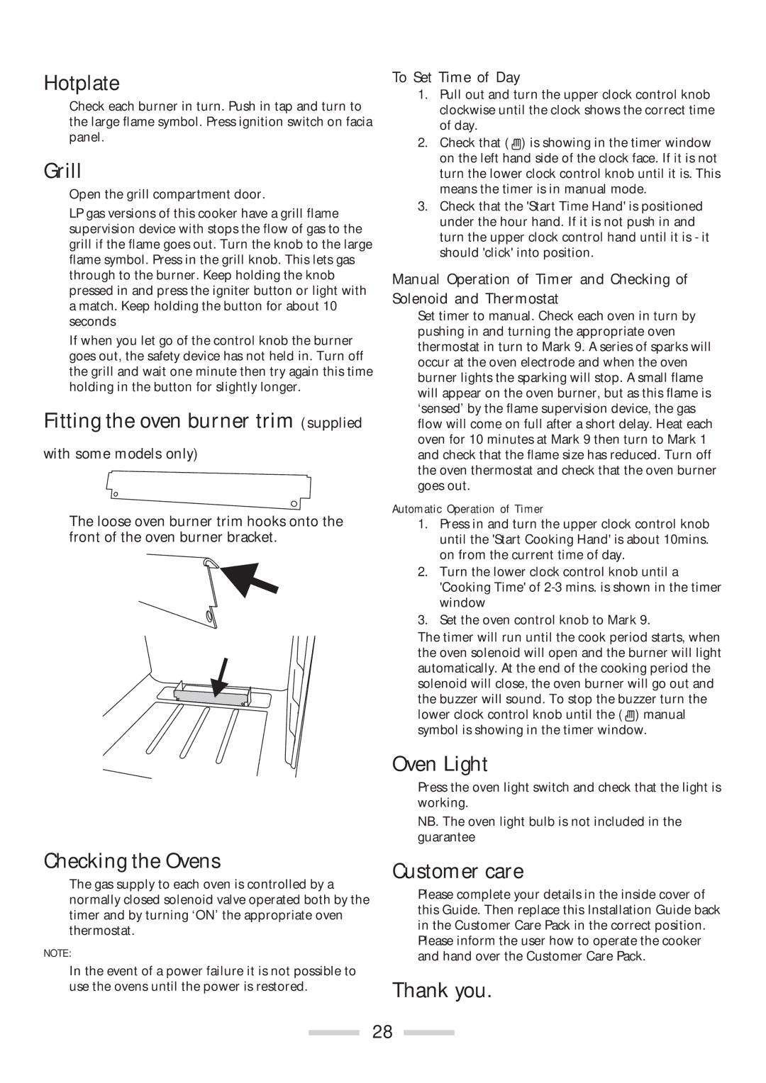 Rangemaster 110 installation instructions Hotplate, Checking the Ovens, Oven Light, Customer care, Thank you 