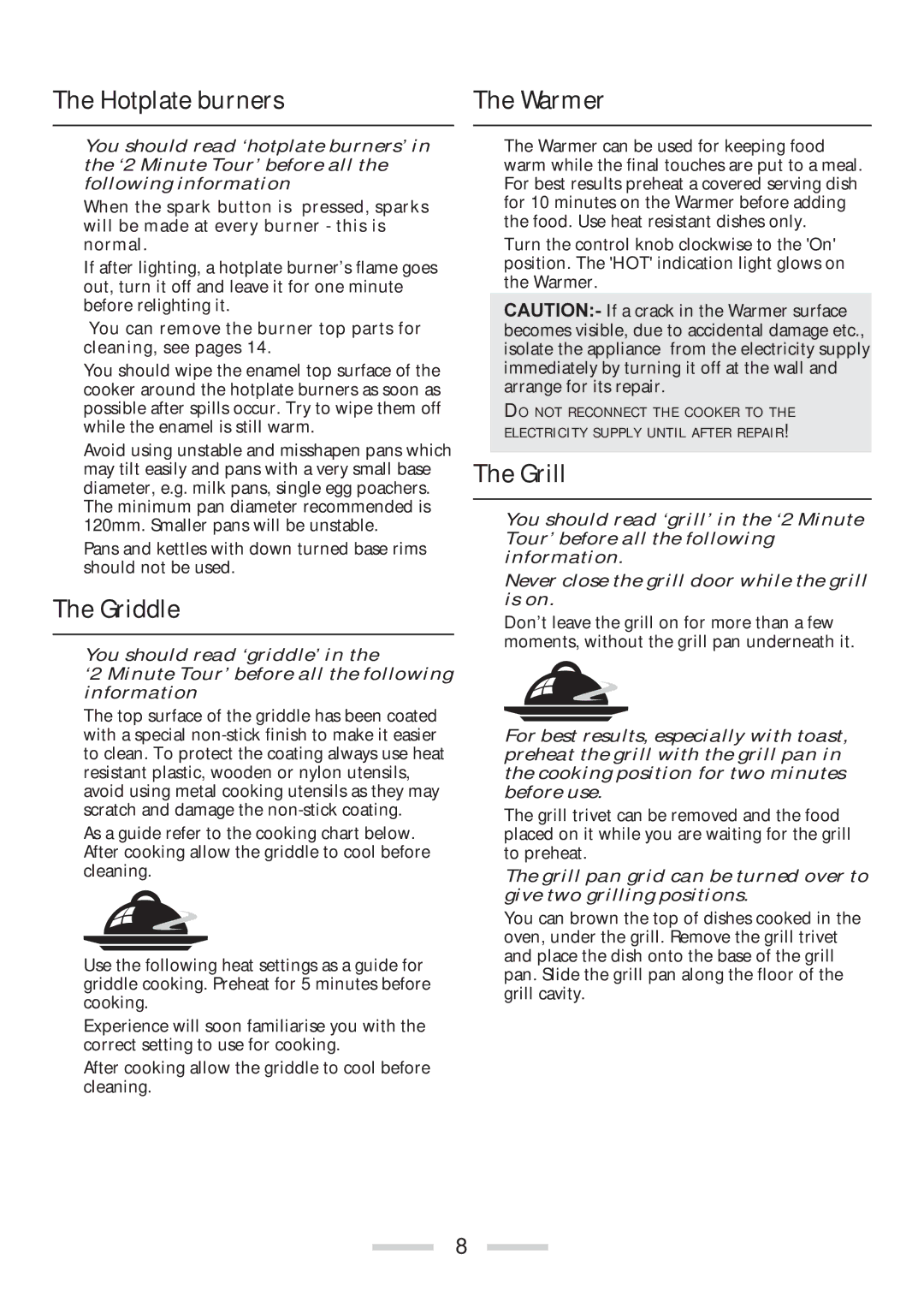 Rangemaster 110 installation instructions Hotplate burners, Griddle, Grill 