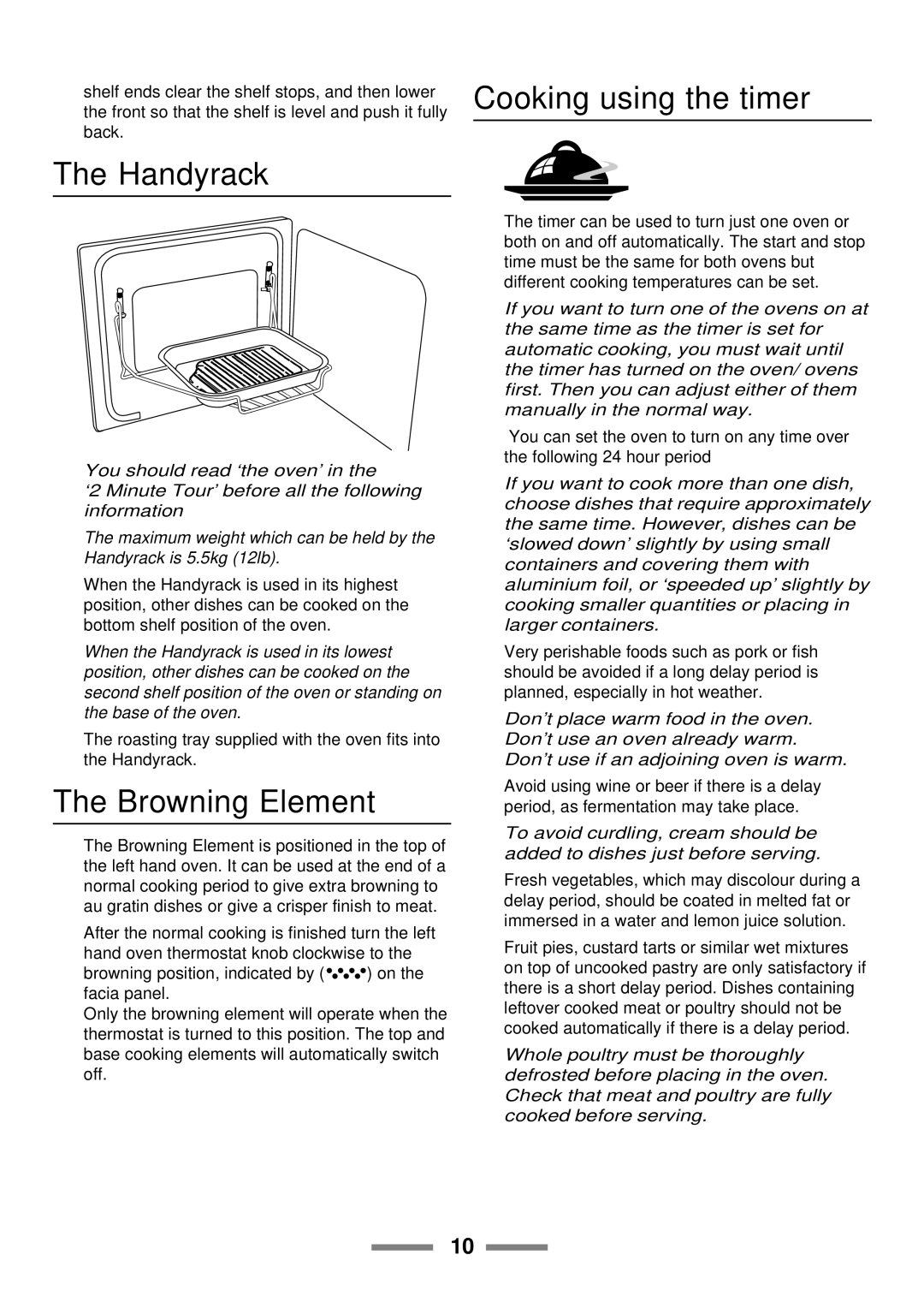 Rangemaster 110 installation instructions Cooking using the timer, Handyrack, Browning Element 