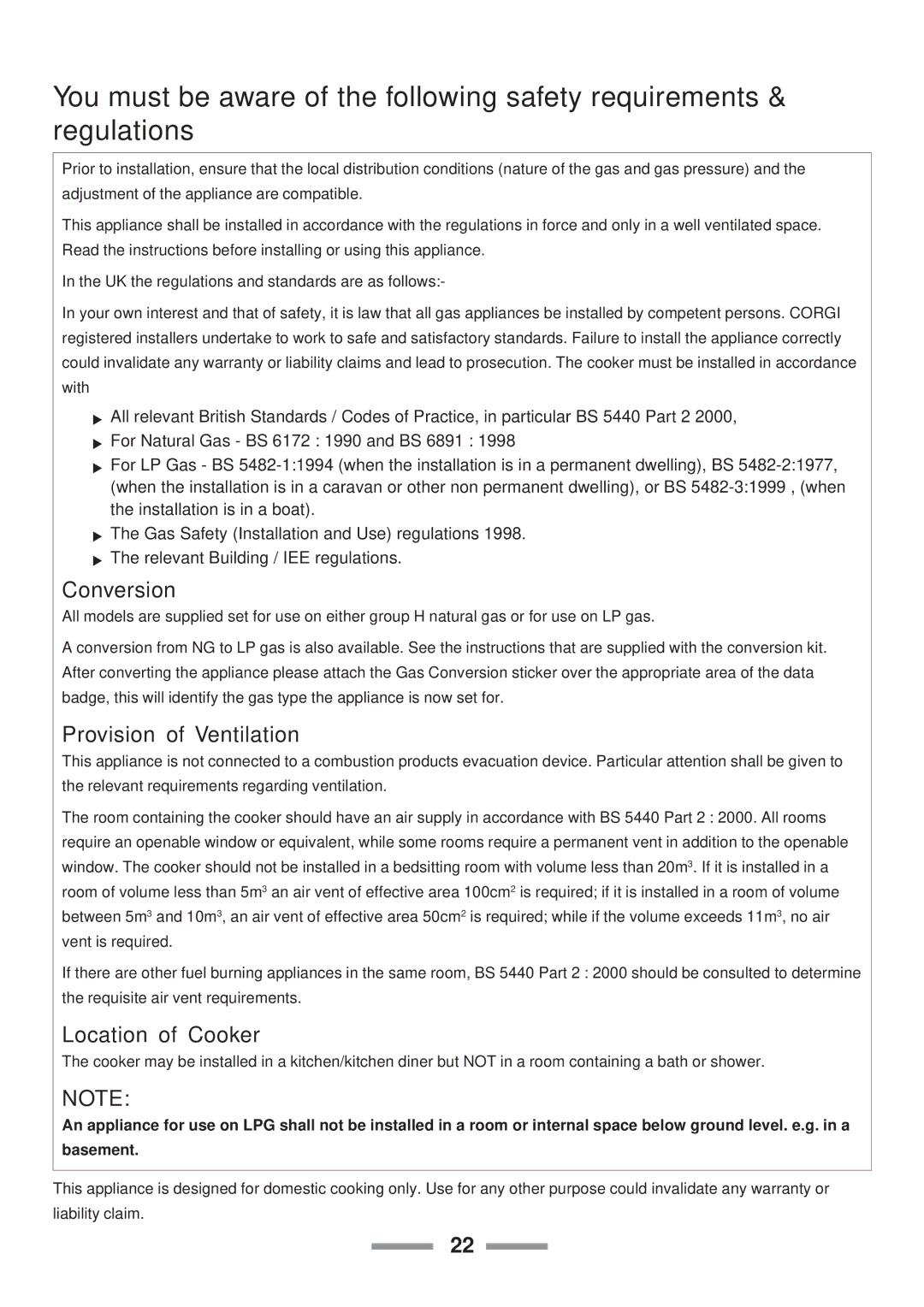 Rangemaster 110 installation instructions Conversion, Provision of Ventilation, Location of Cooker 