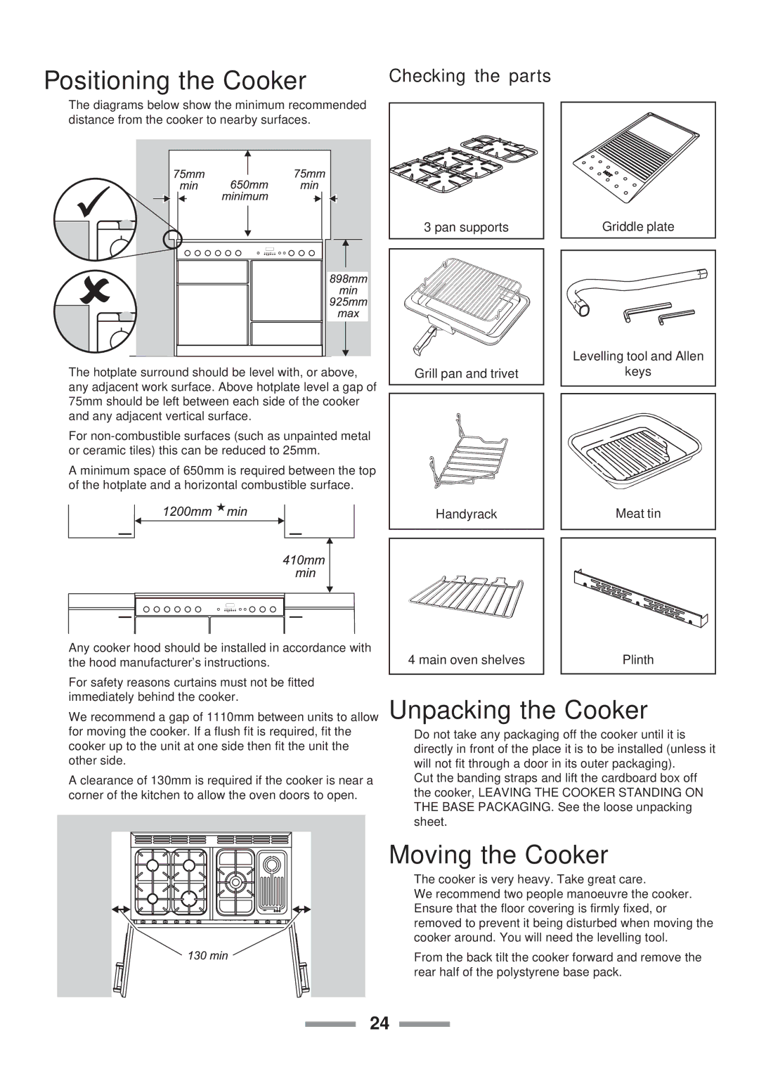 Rangemaster 110 Positioning the Cooker, Unpacking the Cooker, Moving the Cooker, Checking the parts 