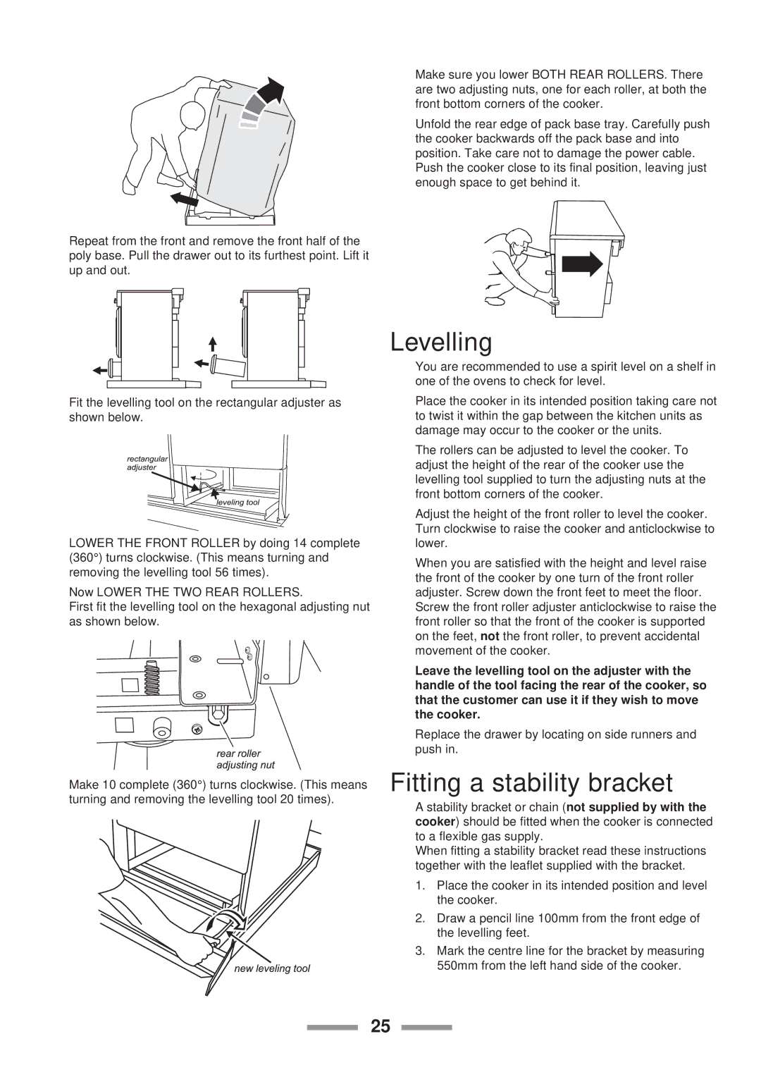 Rangemaster 110 installation instructions Levelling, Fitting a stability bracket 