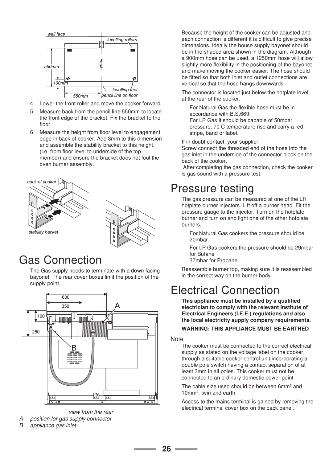 Rangemaster 110 installation instructions Gas Connection, Pressure testing, Electrical Connection 