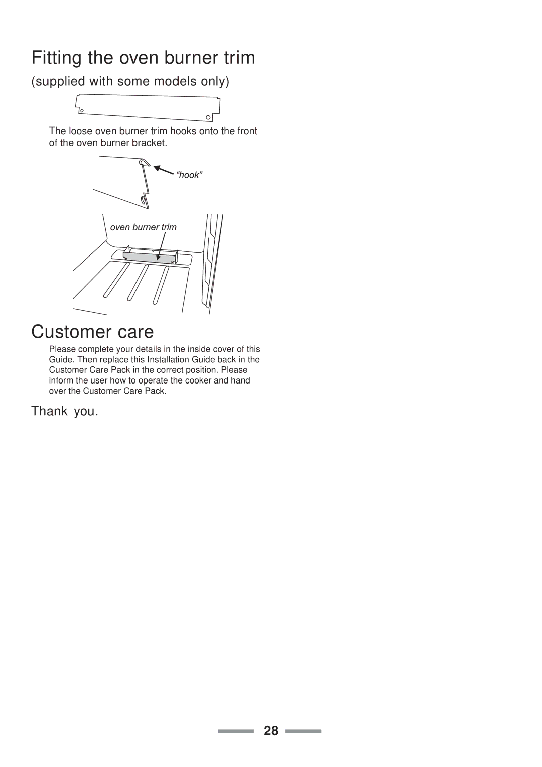 Rangemaster 110 Fitting the oven burner trim, Customer care, Supplied with some models only, Thank you 