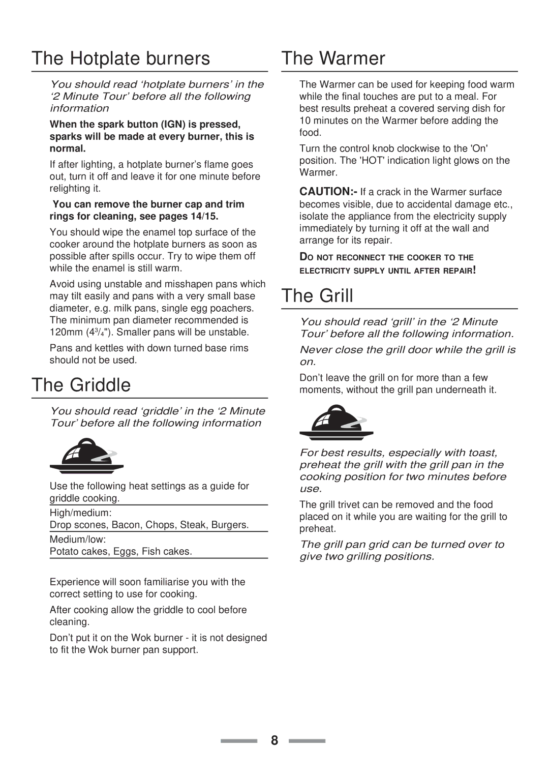 Rangemaster 110 installation instructions Hotplate burners Warmer, Griddle, Grill 