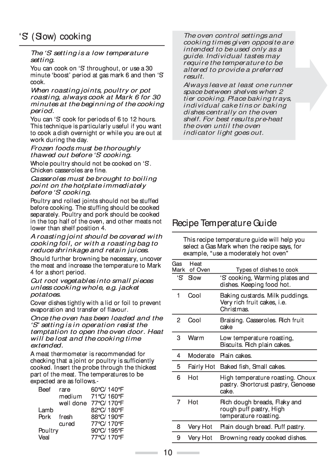Rangemaster 110 installation instructions ‘S’ Slow cooking, Recipe Temperature Guide 