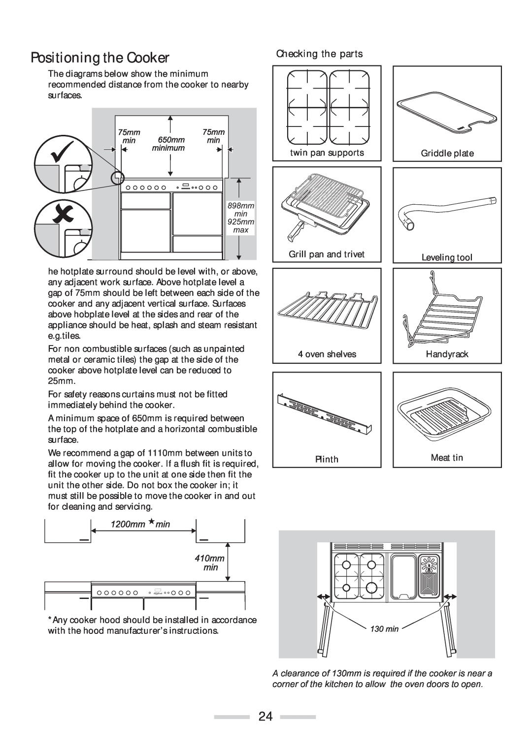 Rangemaster 110 installation instructions Positioning the Cooker, Checking the parts 