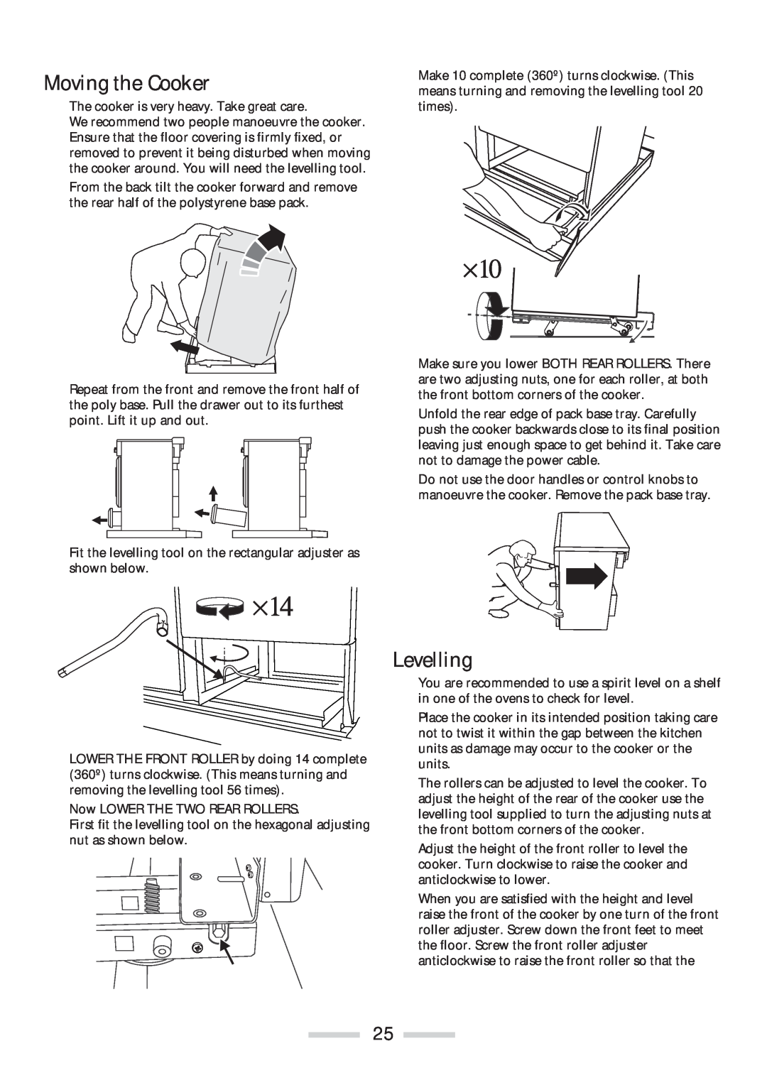 Rangemaster 110 installation instructions Moving the Cooker, Levelling 