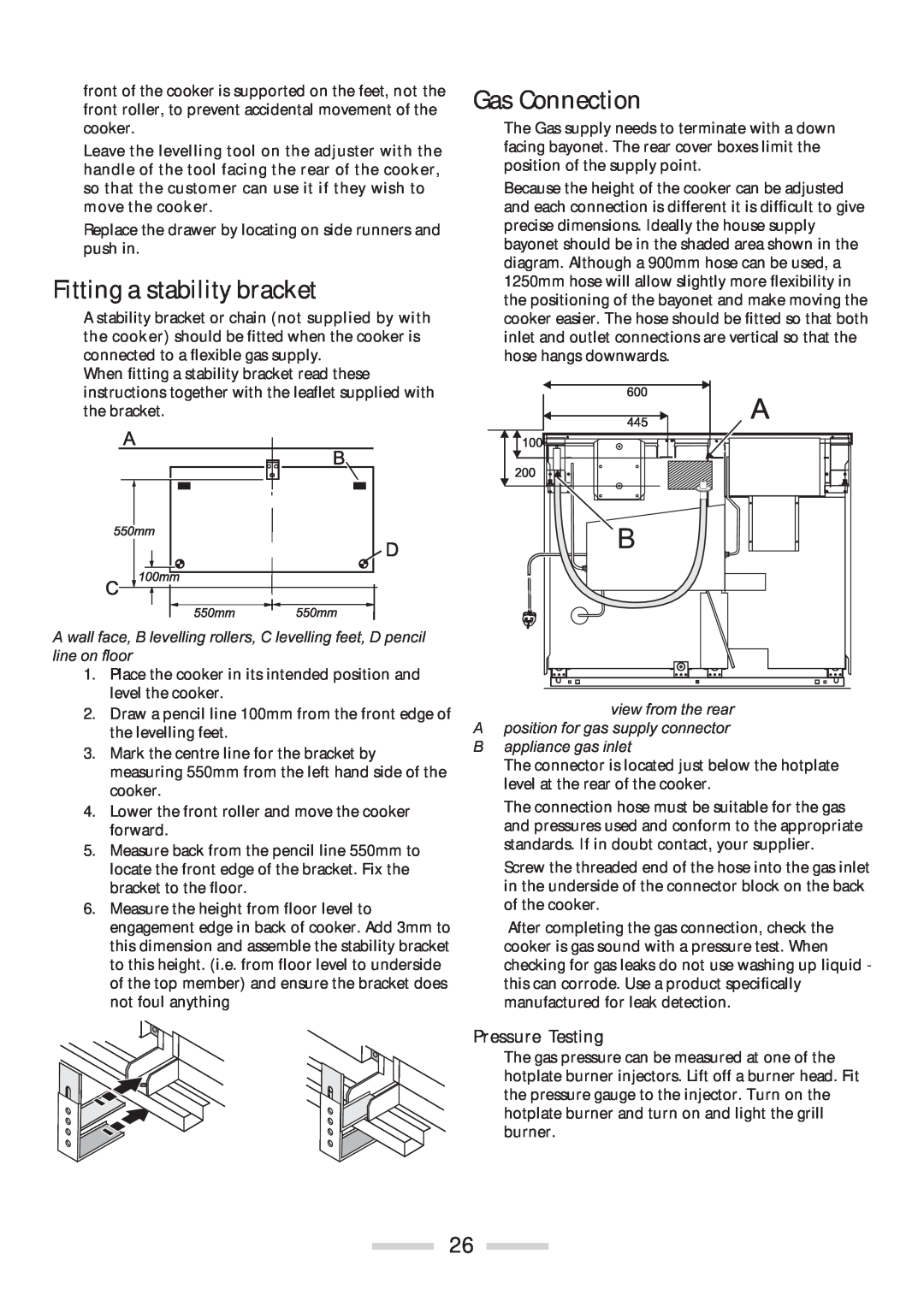 Rangemaster 110 installation instructions Fitting a stability bracket, Gas Connection, Pressure Testing 