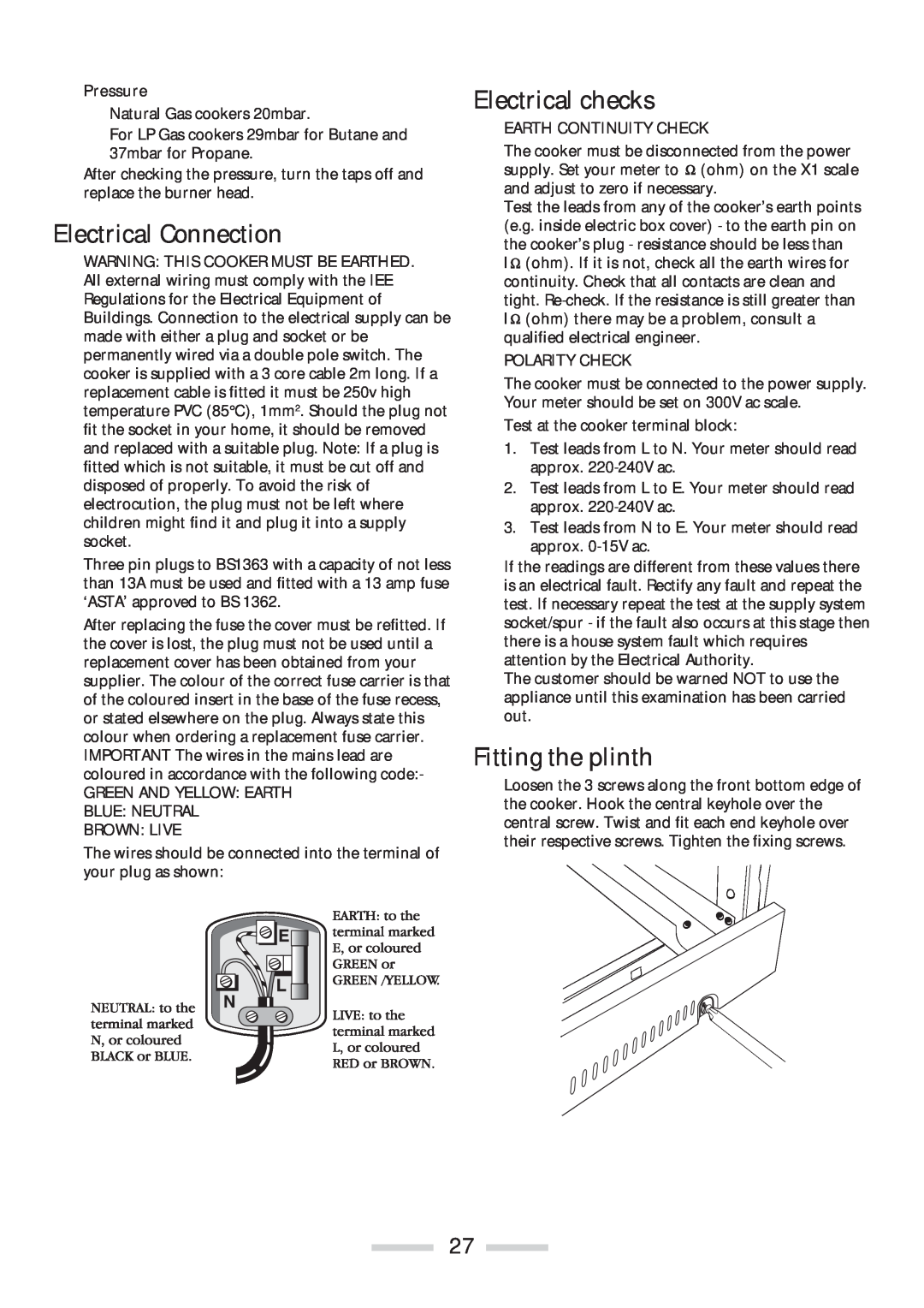 Rangemaster 110 installation instructions Electrical Connection, Electrical checks, Fitting the plinth, Pressure 