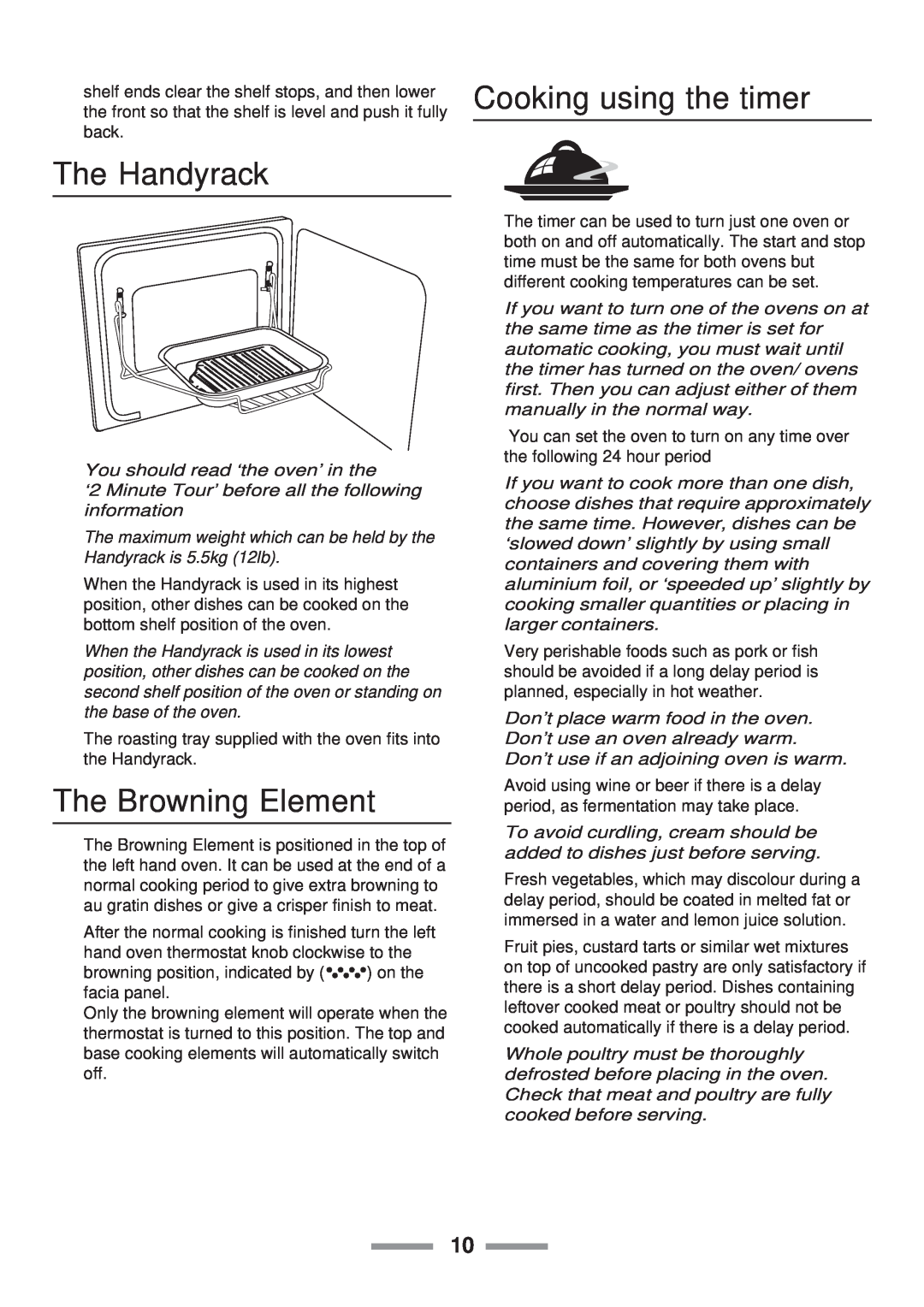 Rangemaster 110 installation instructions Cooking using the timer, The Handyrack, The Browning Element 