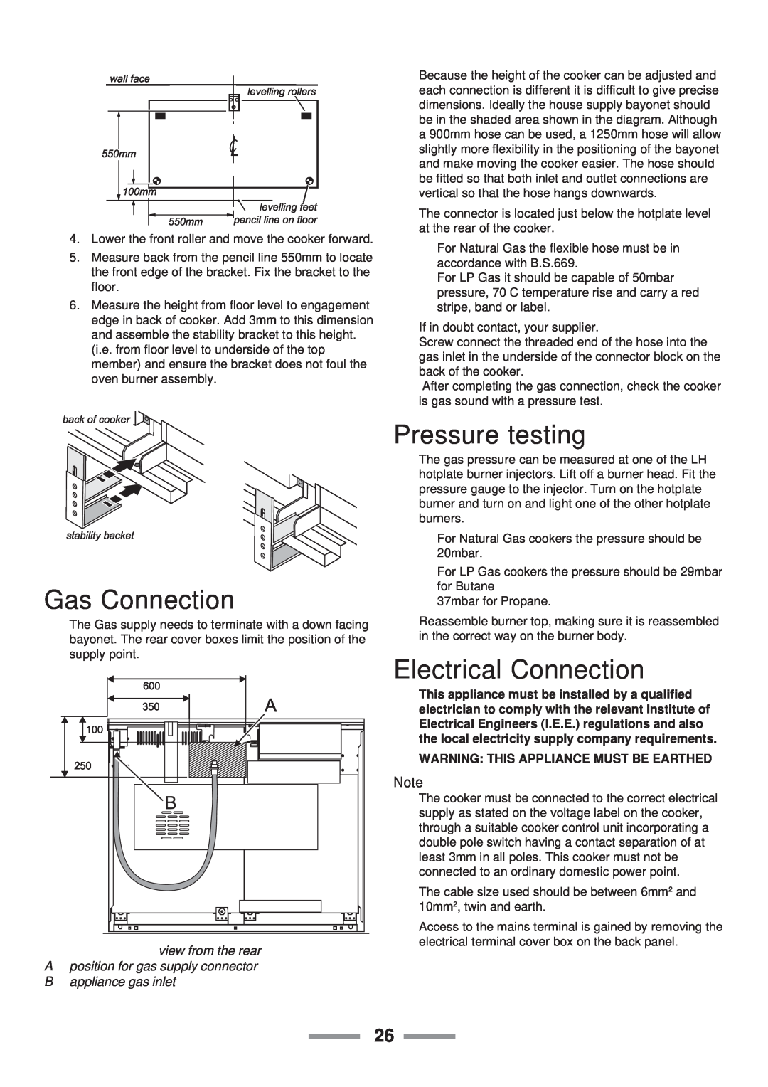 Rangemaster 110 Gas Connection, Pressure testing, Electrical Connection, Warning This Appliance Must Be Earthed 