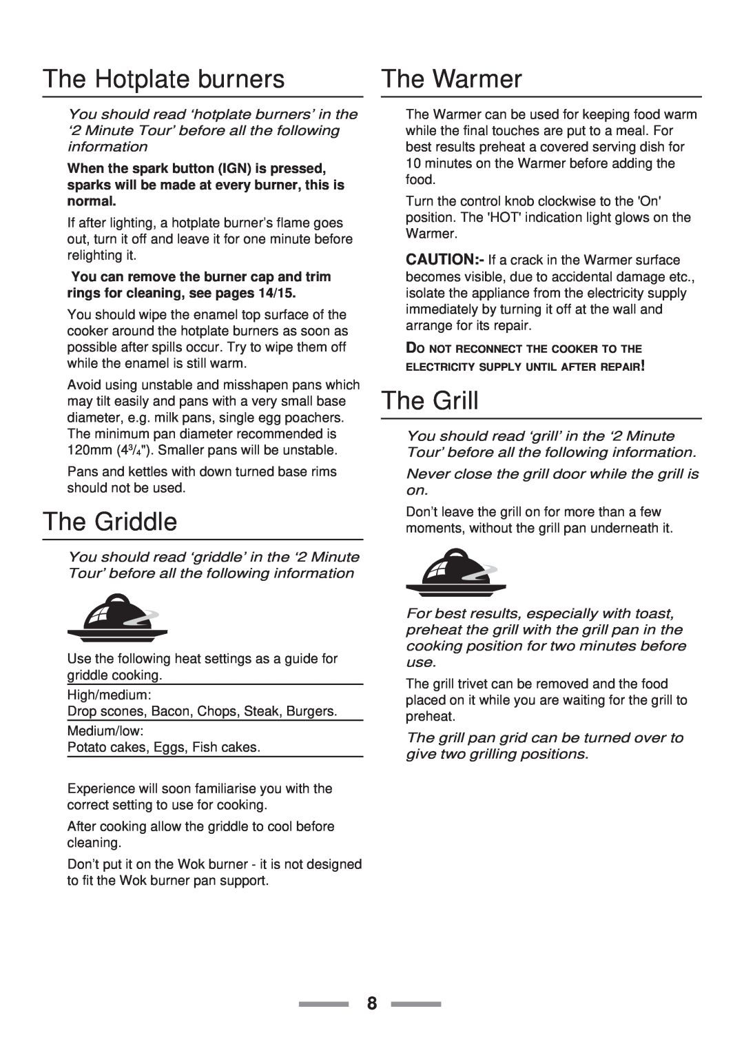 Rangemaster 110 installation instructions The Hotplate burners, The Warmer, The Griddle, The Grill 