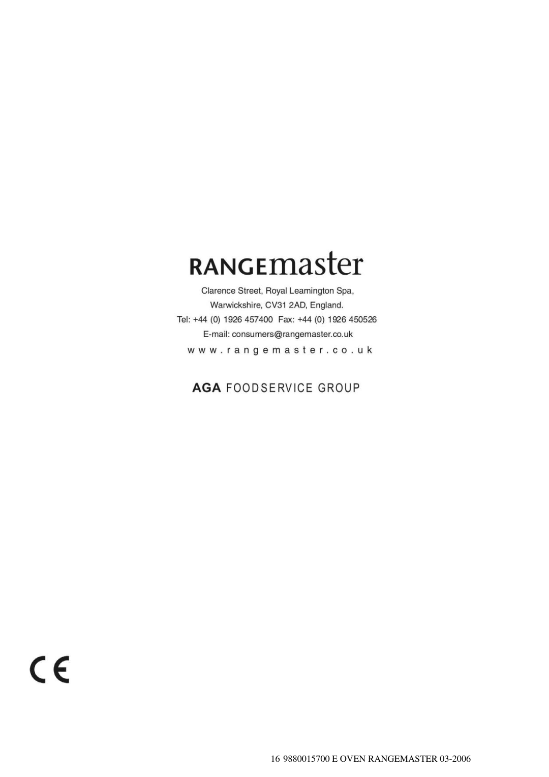 Rangemaster 60S manual 16 9880015700 E Oven Rangemaster 