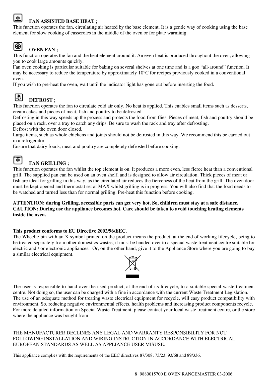 Rangemaster 60S FAN Assisted Base Heat, Oven FAN, Defrost, FAN Grilling, This product conforms to EU Directive 2002/96/EEC 