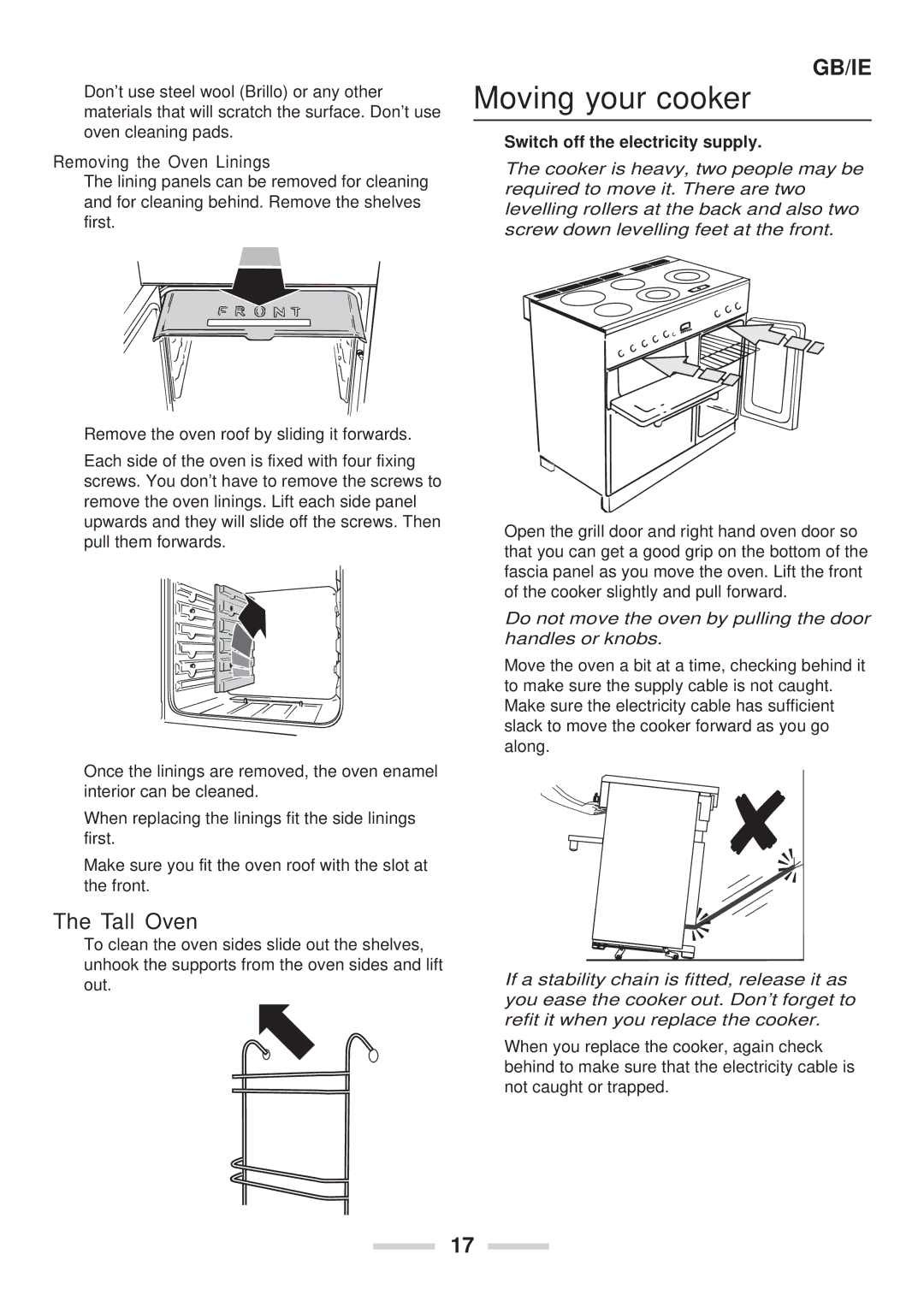 Rangemaster 90 Ceramic installation instructions Moving your cooker, Tall Oven 