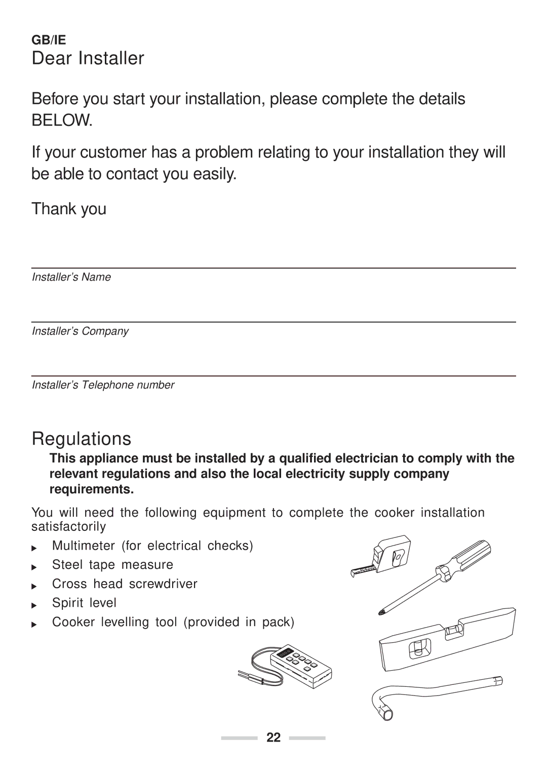 Rangemaster 90 Ceramic installation instructions Dear Installer, Regulations 