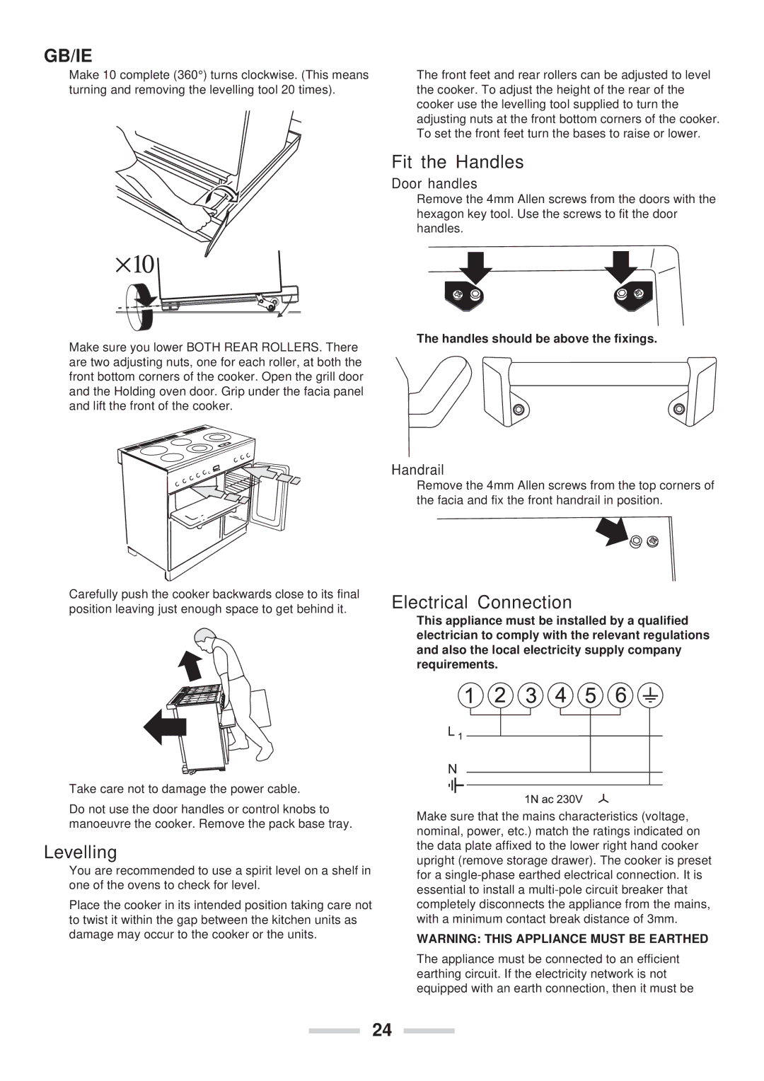 Rangemaster 90 Ceramic installation instructions Fit the Handles, Levelling, Electrical Connection 