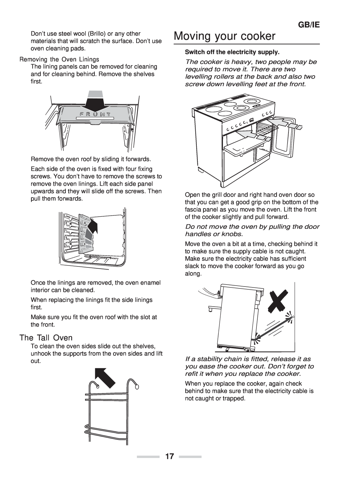 Rangemaster 90 Ceramic installation instructions Moving your cooker, The Tall Oven, Gb/Ie, Removing the Oven Linings 