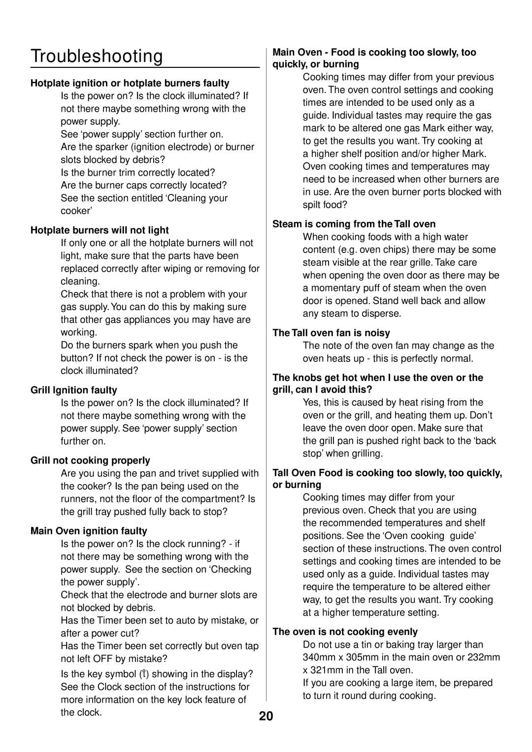 Rangemaster 90 Gas manual Troubleshooting 