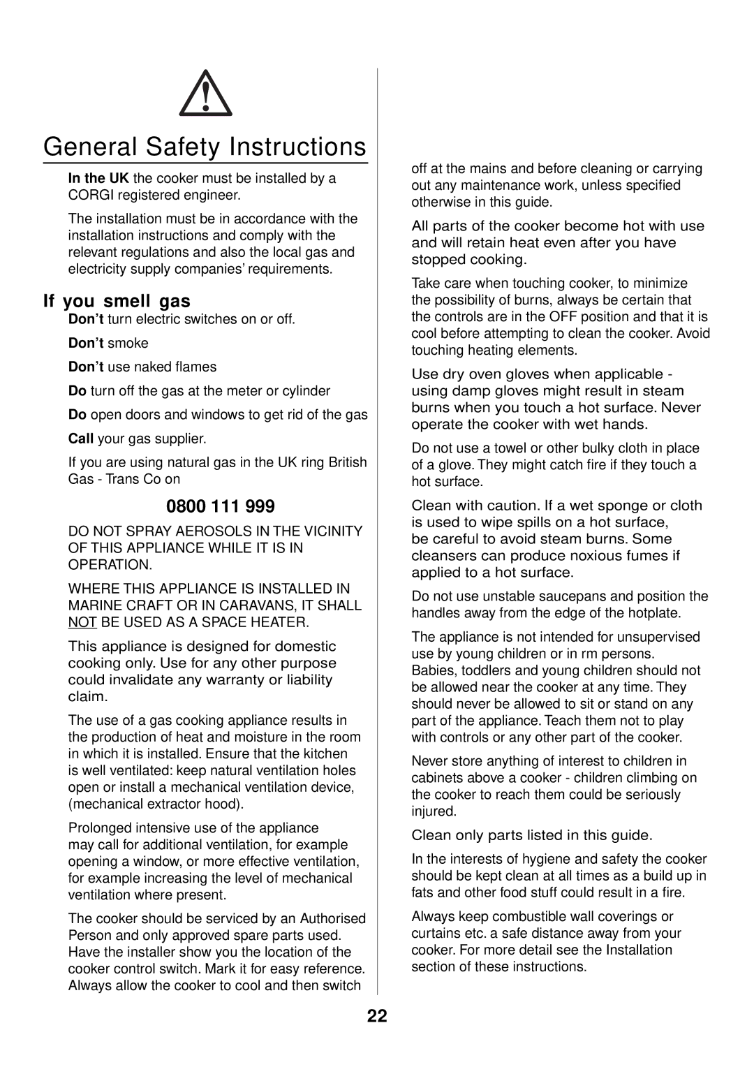 Rangemaster 90 Gas manual General Safety Instructions, If you smell gas, 0800 111, Don’t smoke 