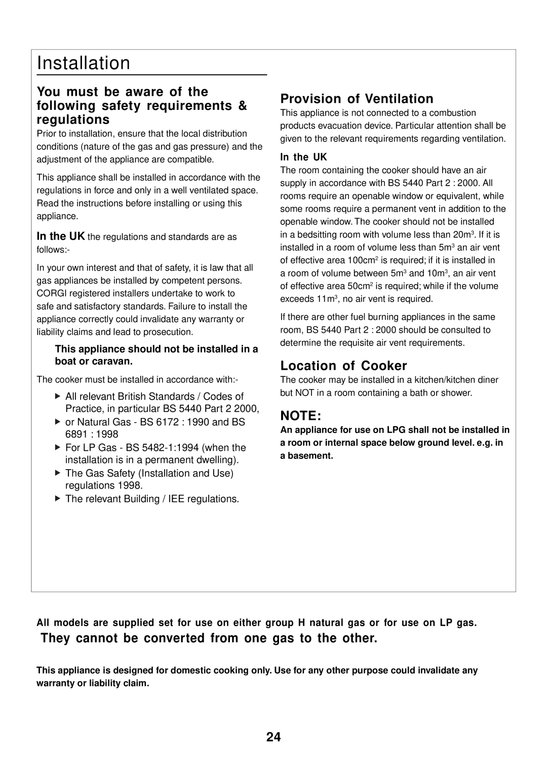 Rangemaster 90 Gas manual Installation, Provision of Ventilation, Location of Cooker 