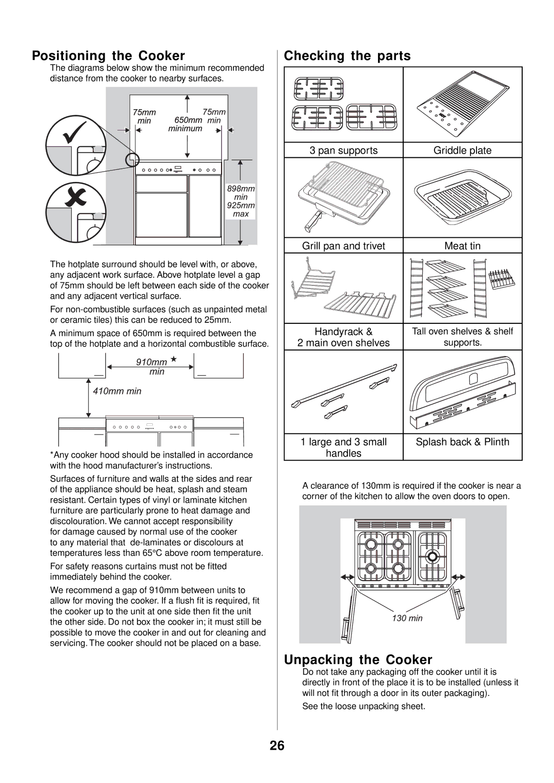 Rangemaster 90 Gas manual Positioning the Cooker, Checking the parts, Unpacking the Cooker 