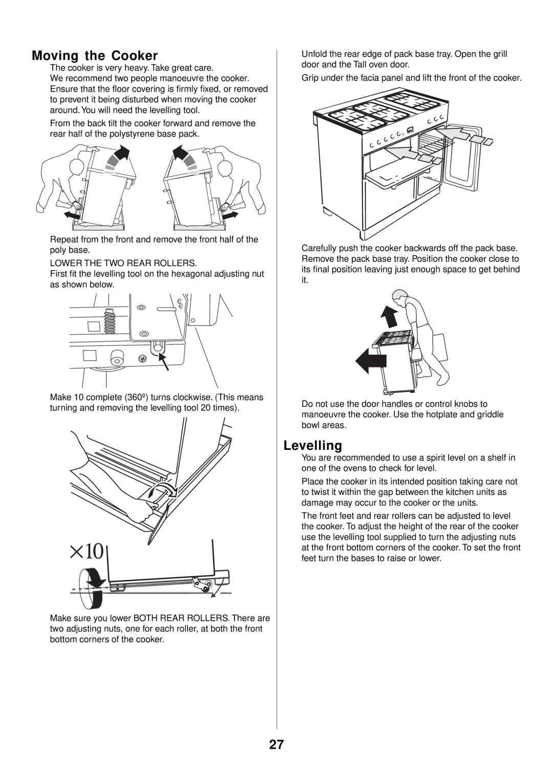 Rangemaster 90 Gas manual Moving the Cooker, Levelling 