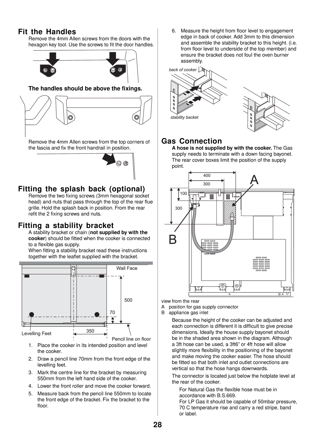 Rangemaster 90 Gas manual Fit the Handles, Fitting the splash back optional, Fitting a stability bracket, Gas Connection 