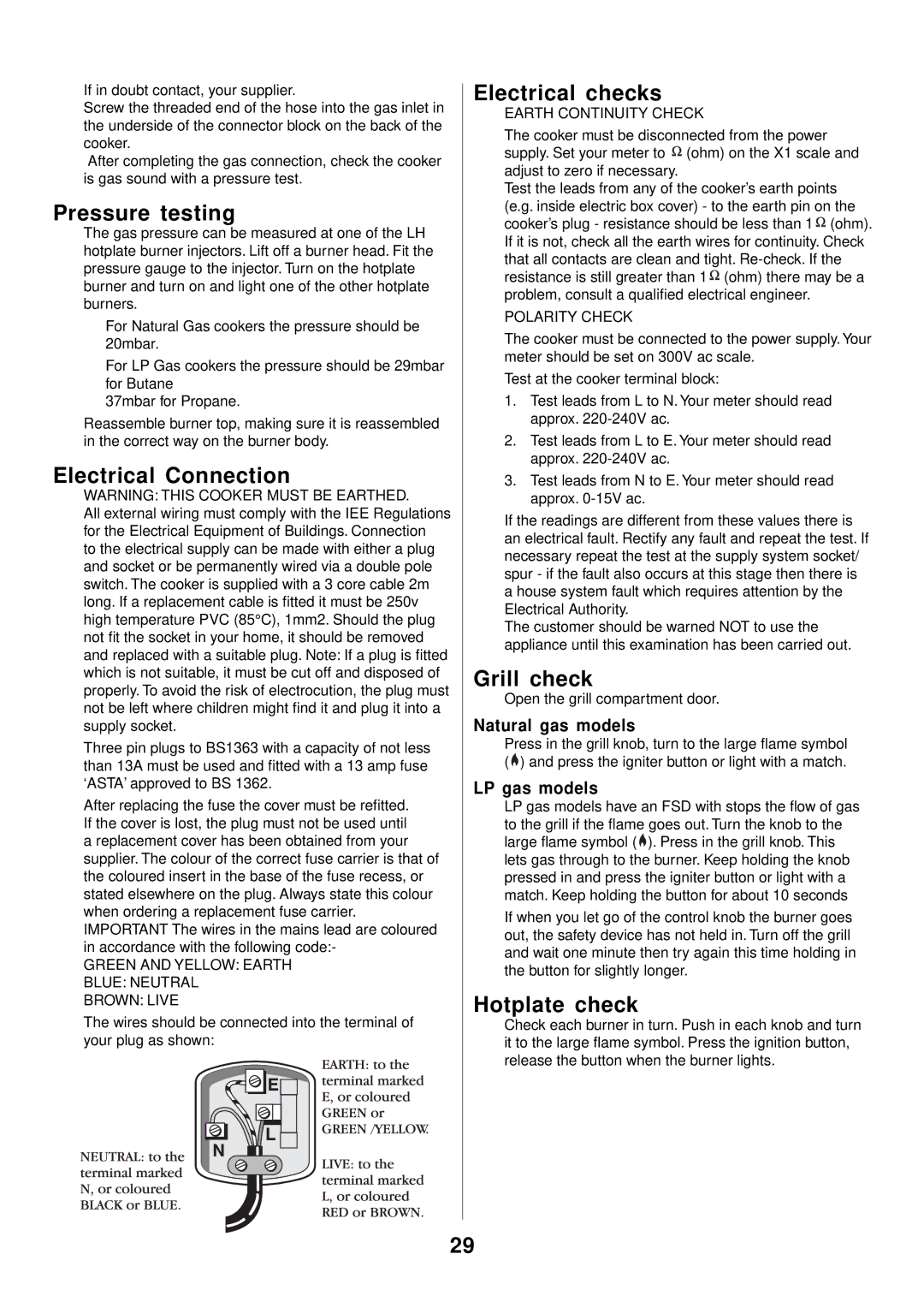 Rangemaster 90 Gas manual Pressure testing, Electrical Connection, Electrical checks, Grill check, Hotplate check 