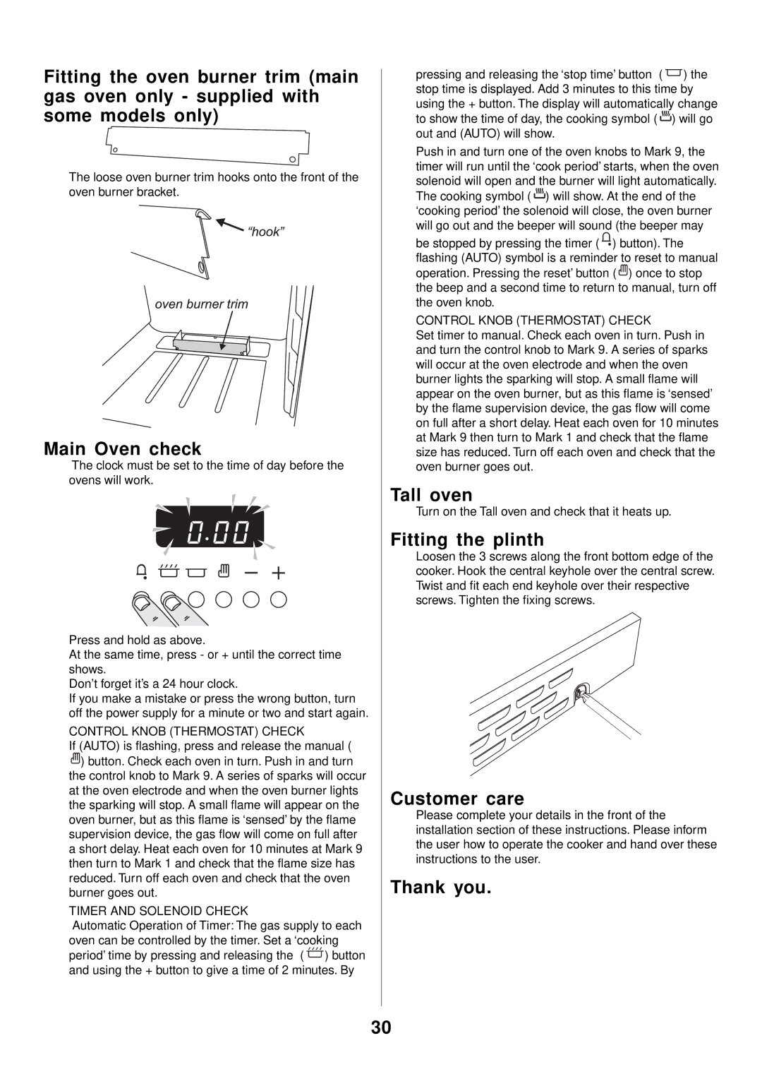 Rangemaster 90 Gas manual Main Oven check, Fitting the plinth, Customer care, Thank you 