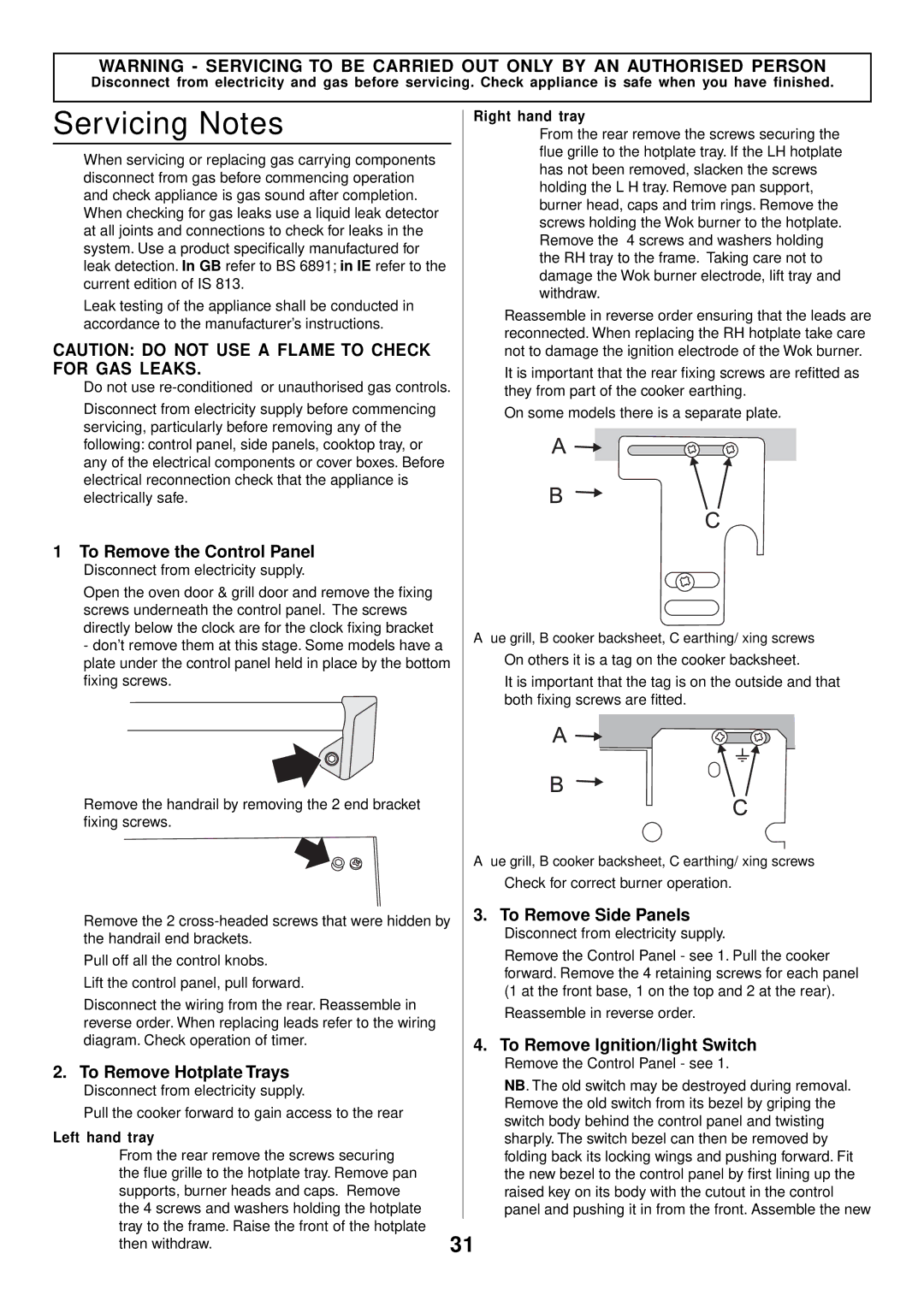 Rangemaster 90 Gas Servicing Notes, To Remove the Control Panel, To Remove Side Panels, To Remove Ignition/light Switch 