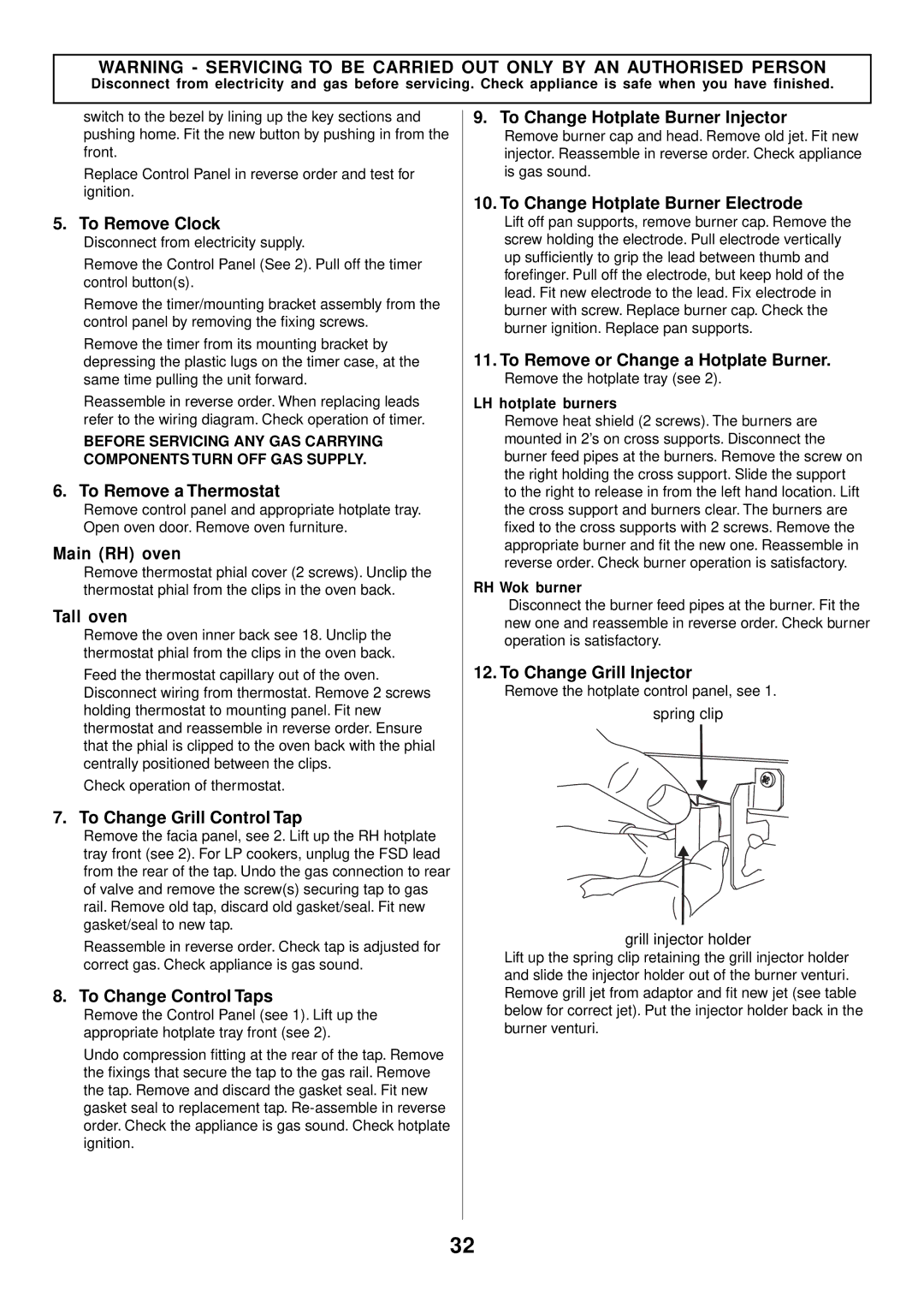 Rangemaster 90 Gas manual To Remove Clock, To Remove a Thermostat, Main RH oven, Tall oven, To Change Grill Control Tap 