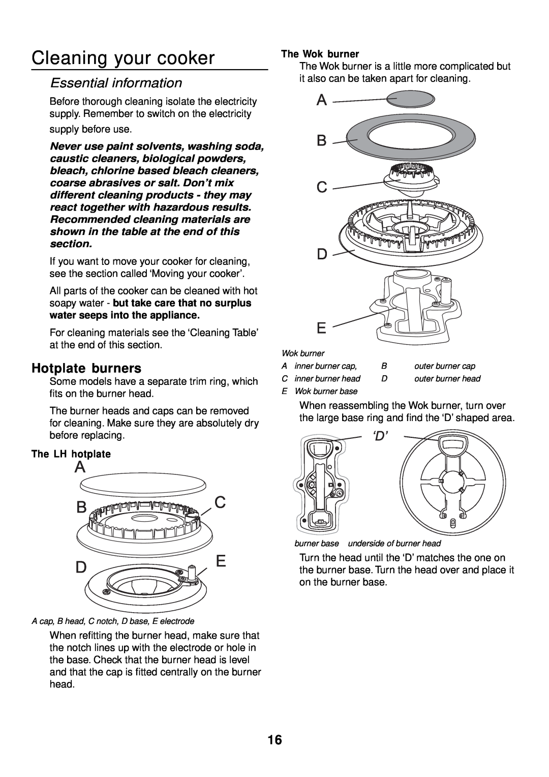 Rangemaster 90 Gas manual Cleaning your cooker, Hotplate burners, Essential information 
