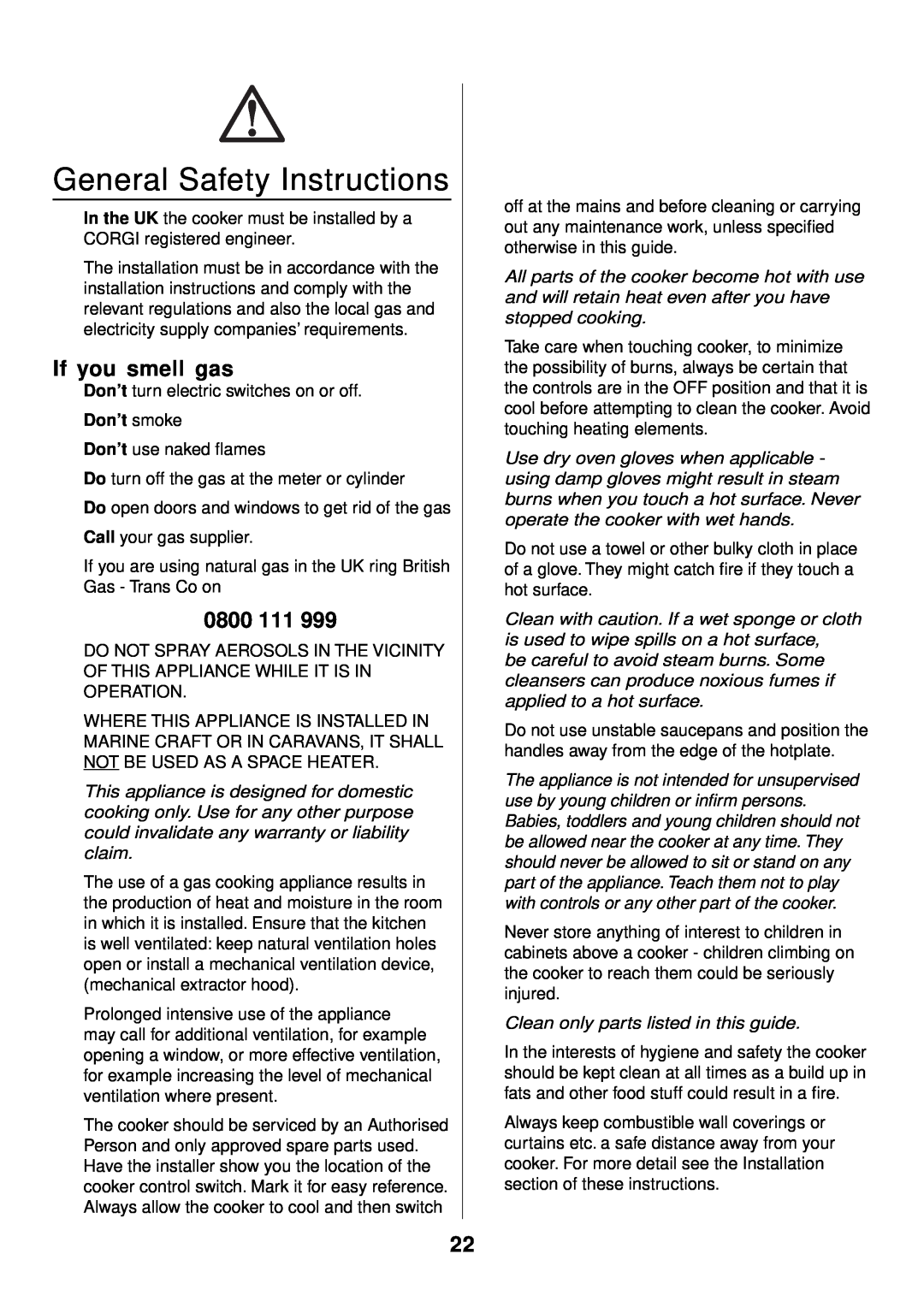 Rangemaster 90 Gas manual General Safety Instructions, If you smell gas, 0800 