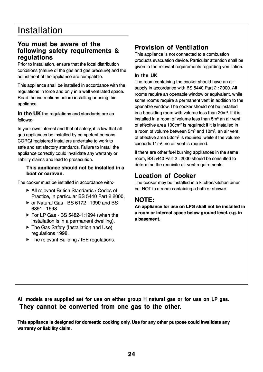 Rangemaster 90 Gas Installation, You must be aware of the following safety requirements & regulations, Location of Cooker 