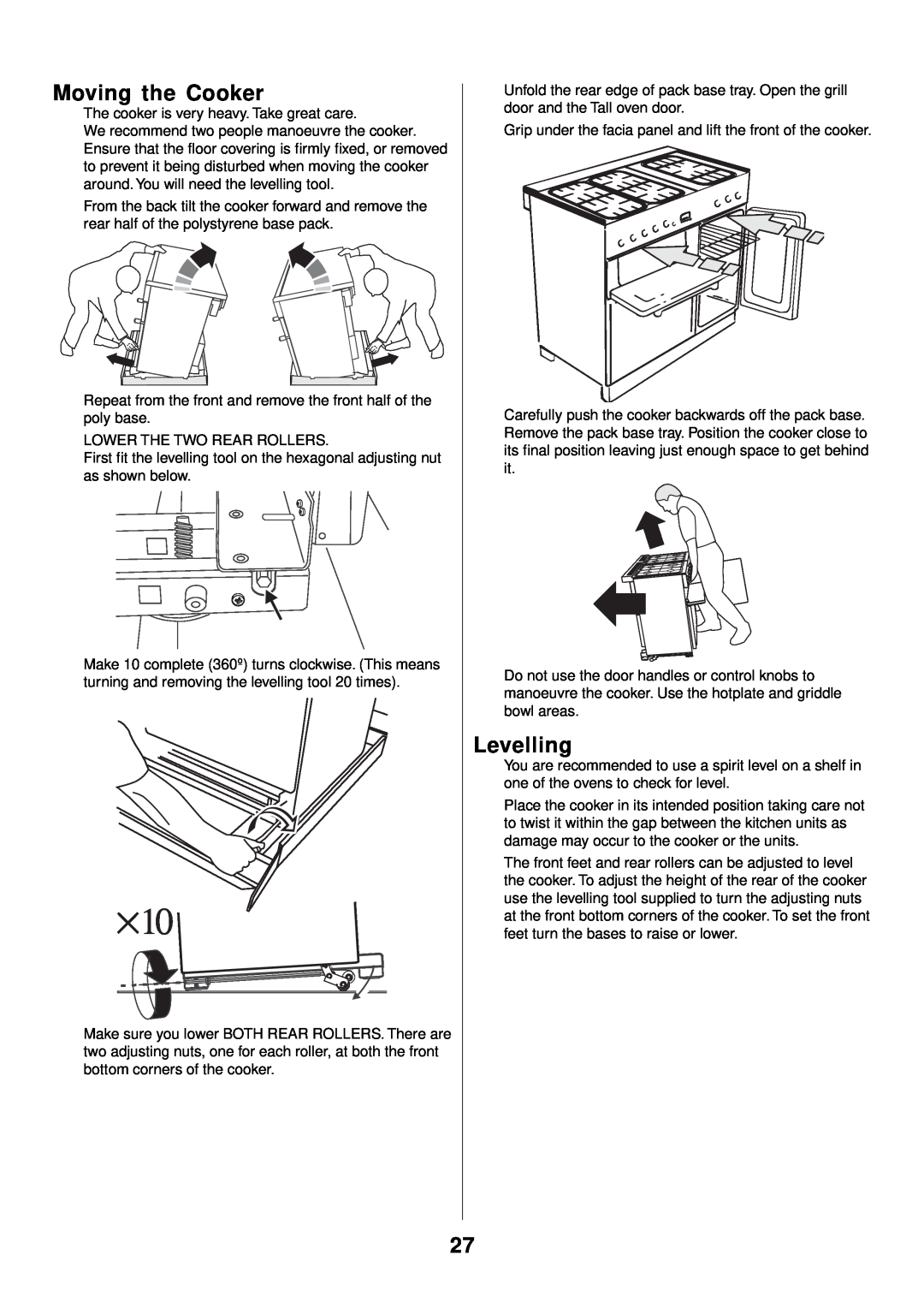 Rangemaster 90 Gas manual Moving the Cooker, Levelling 