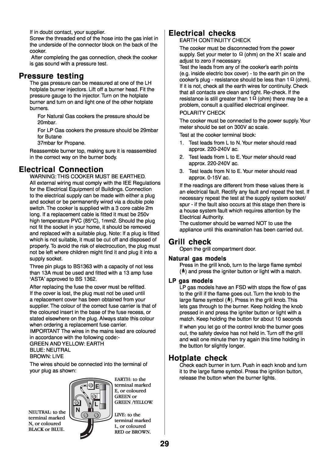 Rangemaster 90 Gas manual Pressure testing, Electrical Connection, Electrical checks, Grill check, Hotplate check 