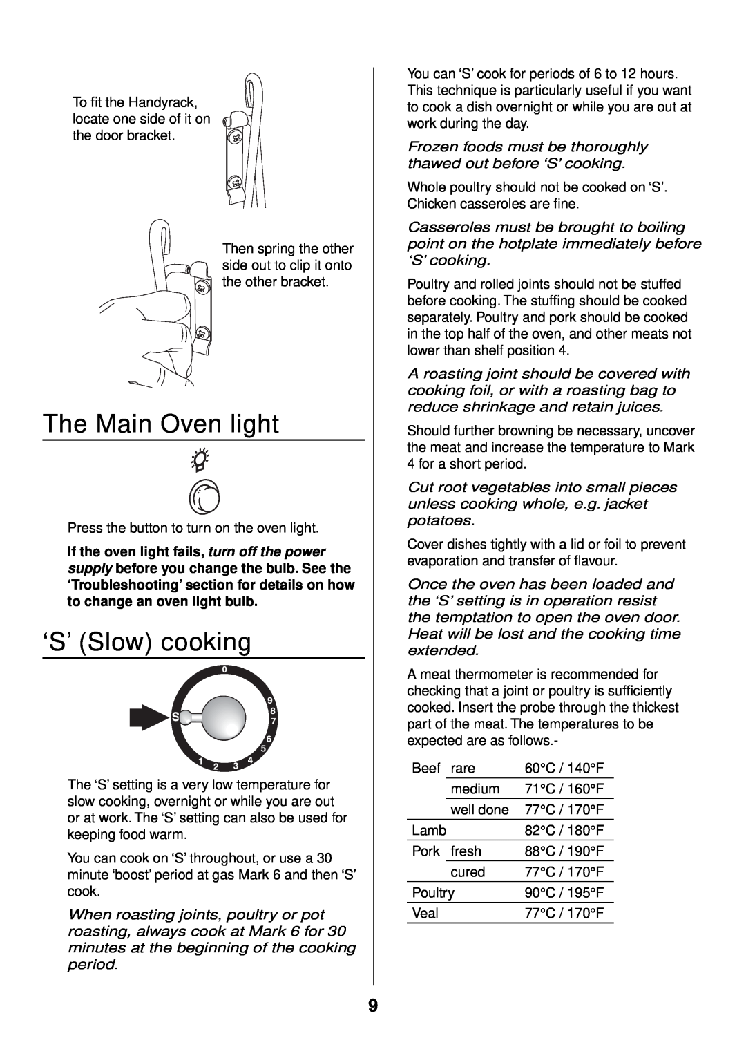 Rangemaster 90 Gas manual The Main Oven light, ‘S’ Slow cooking 