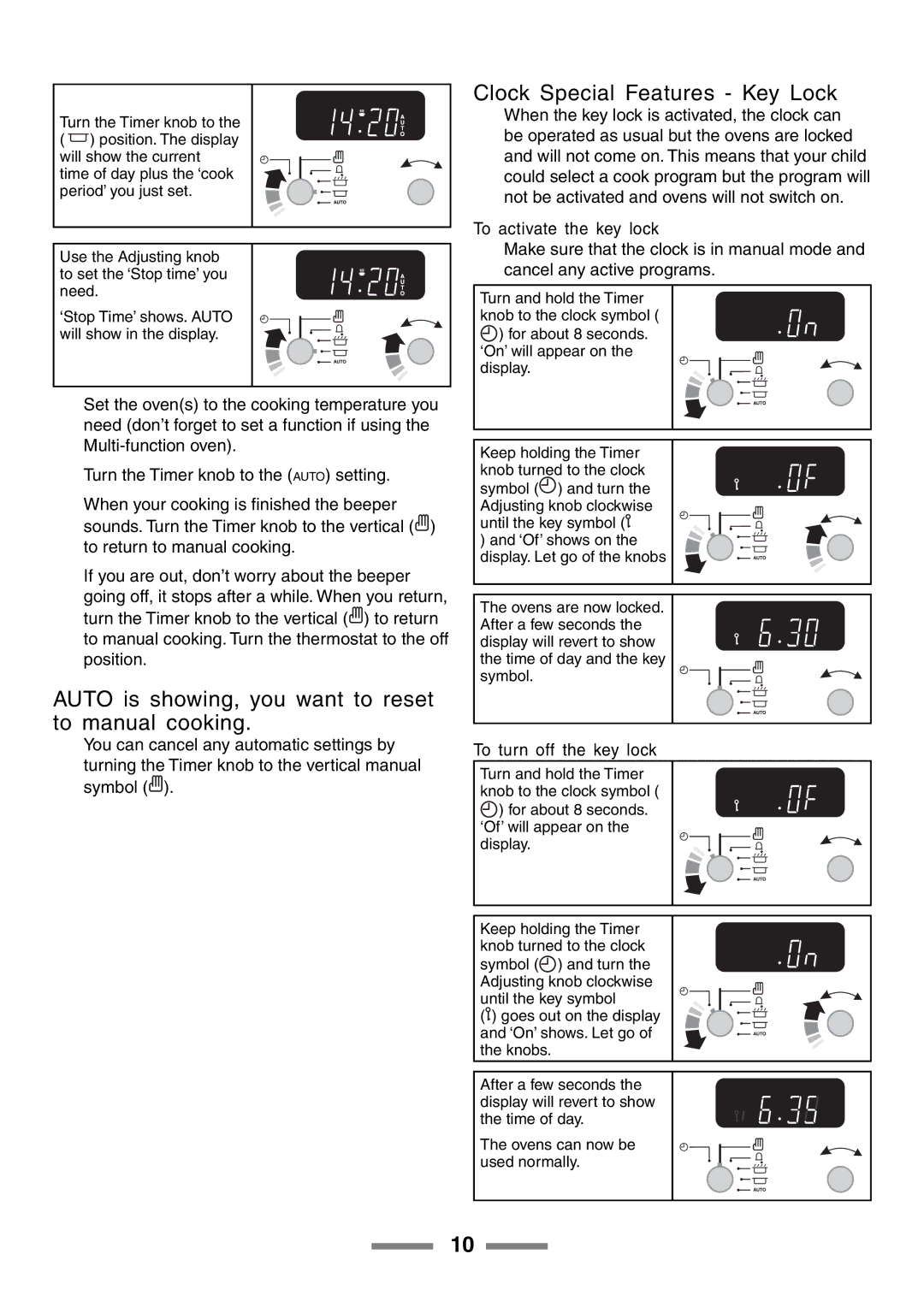 Rangemaster 90 Auto is showing, you want to reset to manual cooking, Clock Special Features Key Lock 