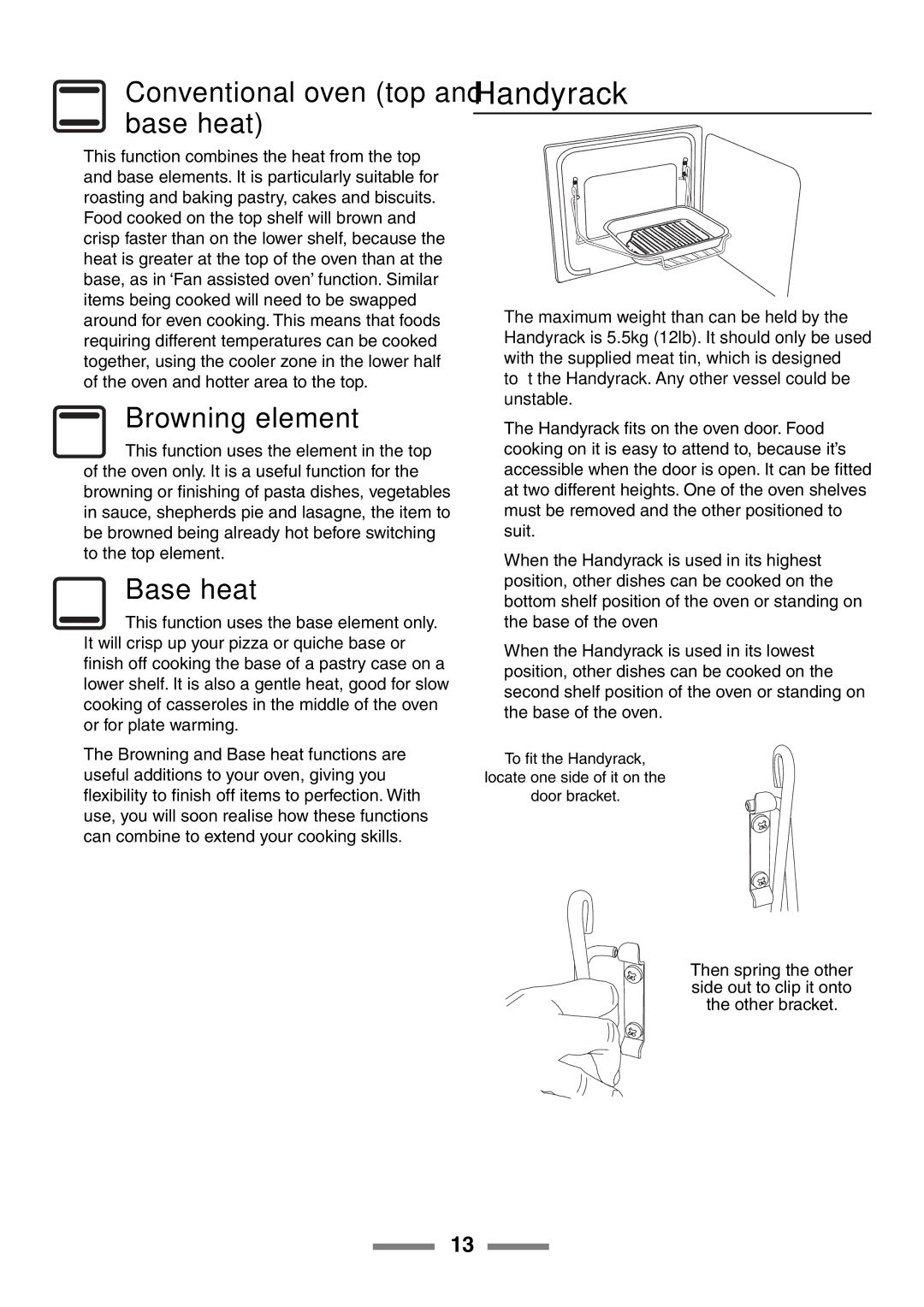 Rangemaster 90 manual Handyrack, Conventional oven top and base heat 