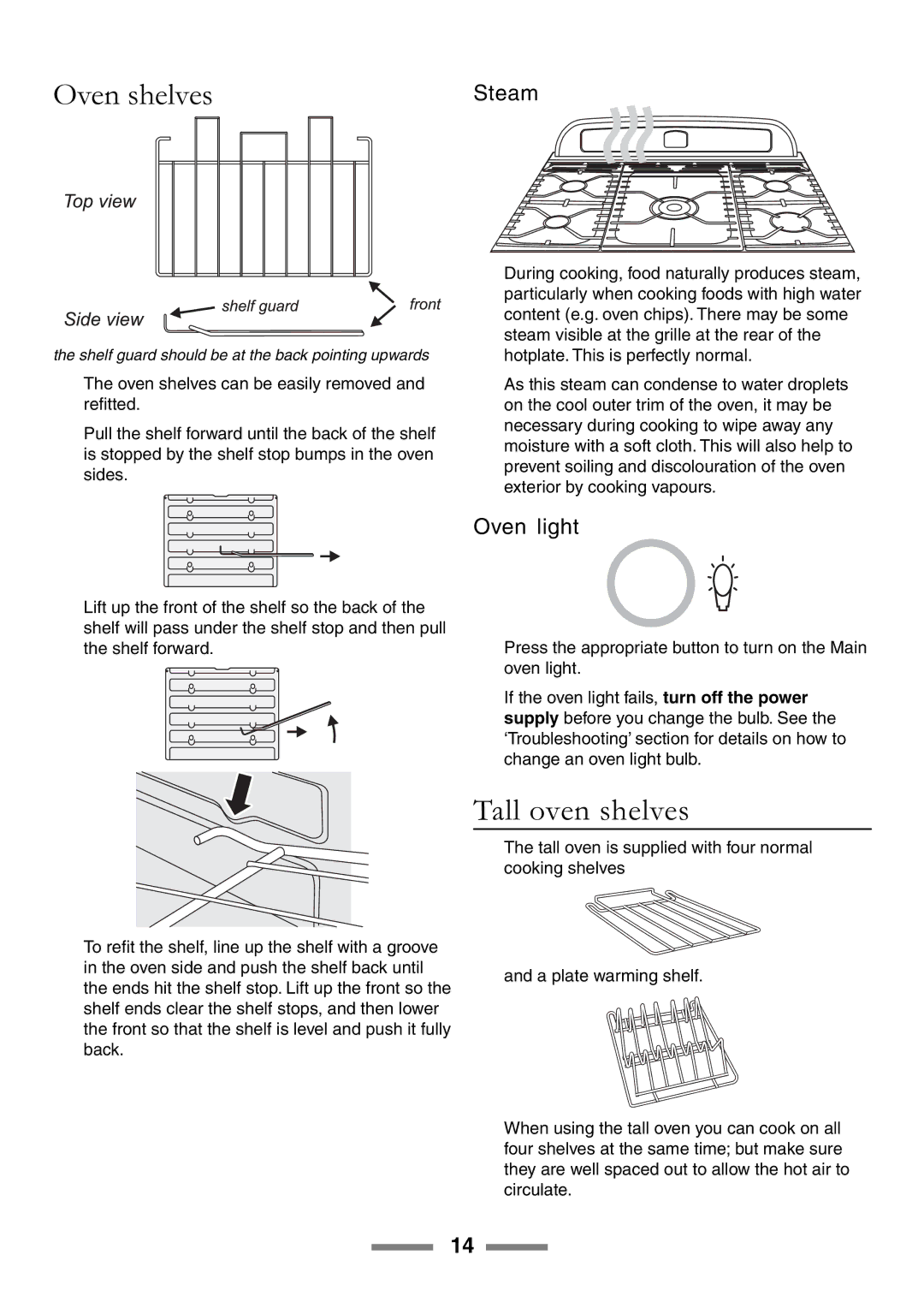 Rangemaster 90 manual Oven shelves, Tall oven shelves, Steam, Oven light 