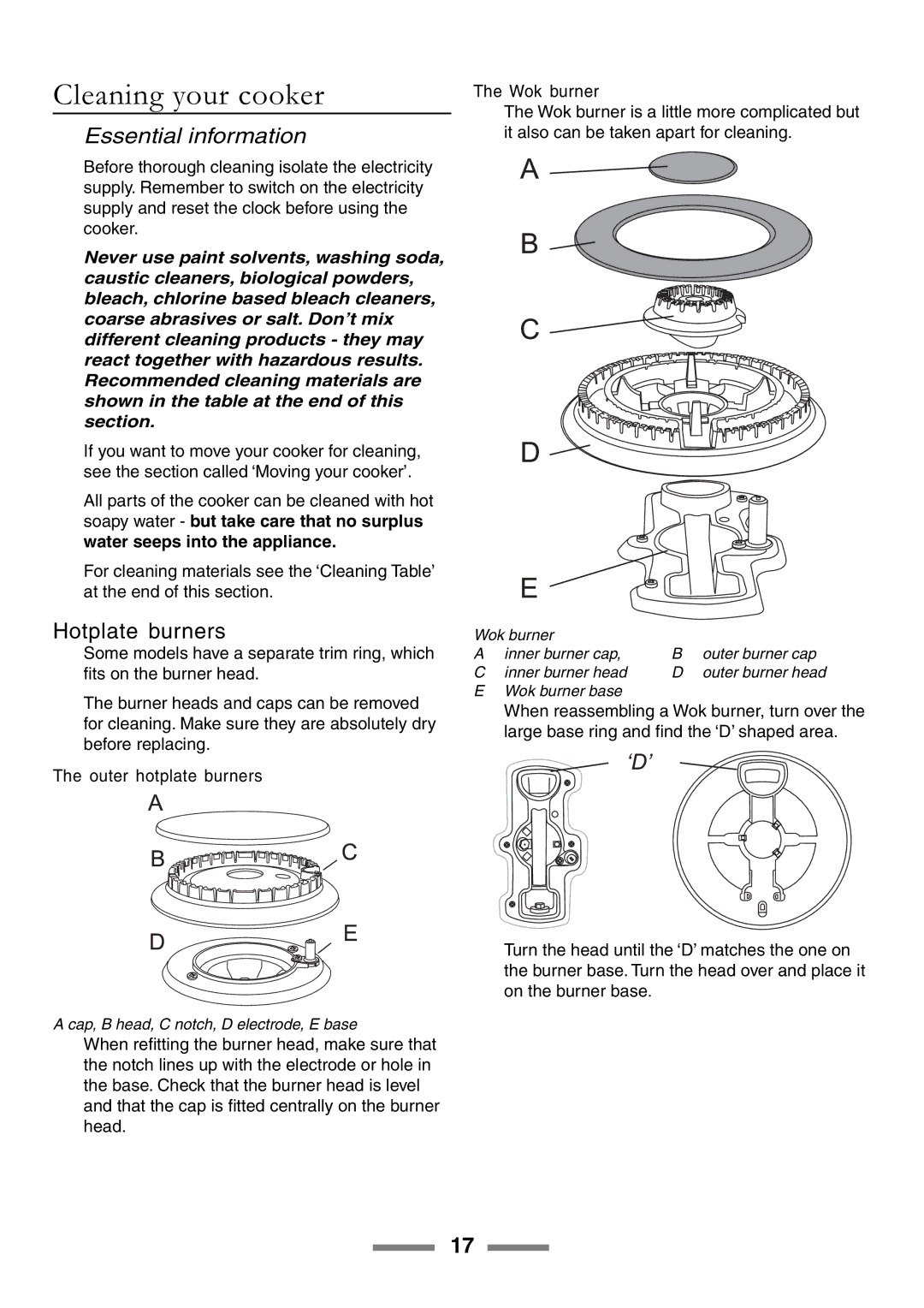 Rangemaster 90 manual Cleaning your cooker, Hotplate burners 