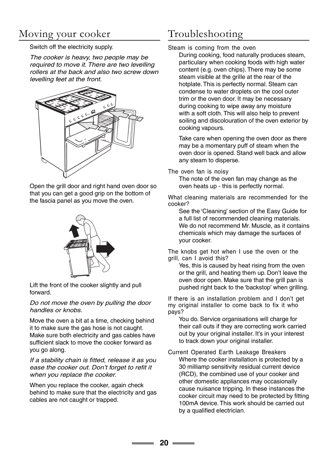 Rangemaster 90 manual Moving your cooker, Troubleshooting 