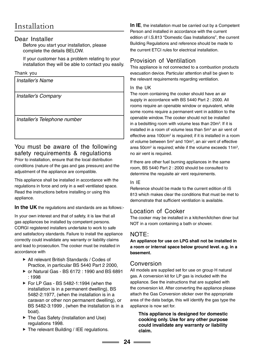 Rangemaster 90 manual Installation, Dear Installer, Provision of Ventilation, Location of Cooker, Conversion 