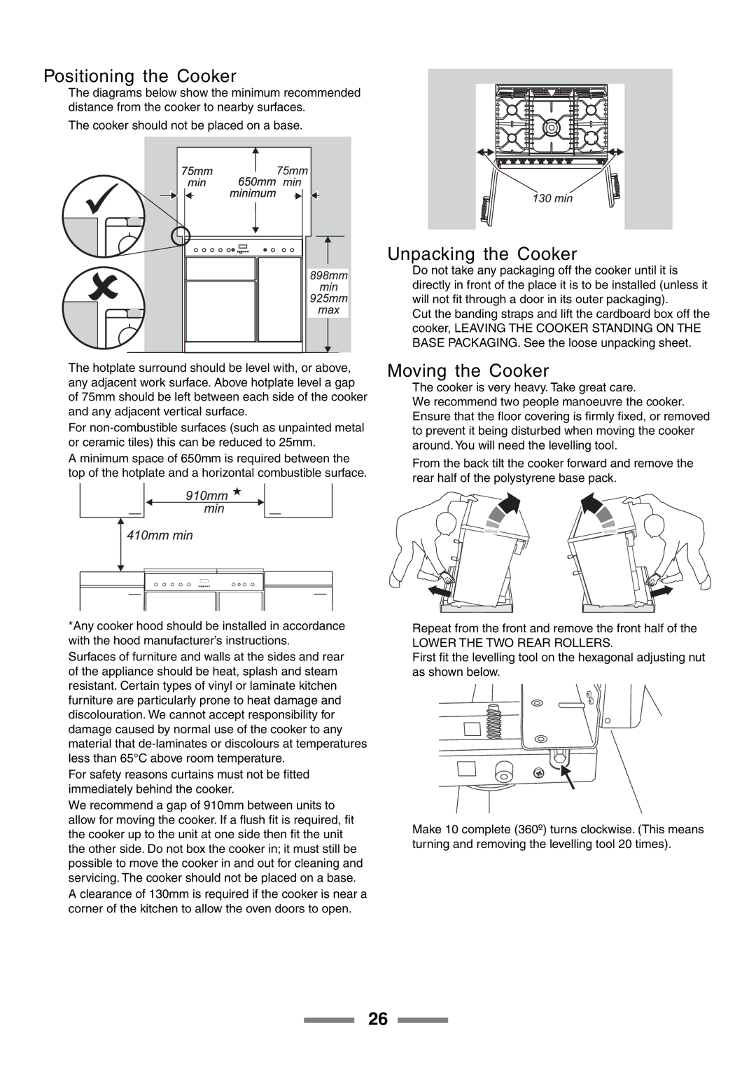 Rangemaster 90 manual Positioning the Cooker, Unpacking the Cooker, Moving the Cooker 